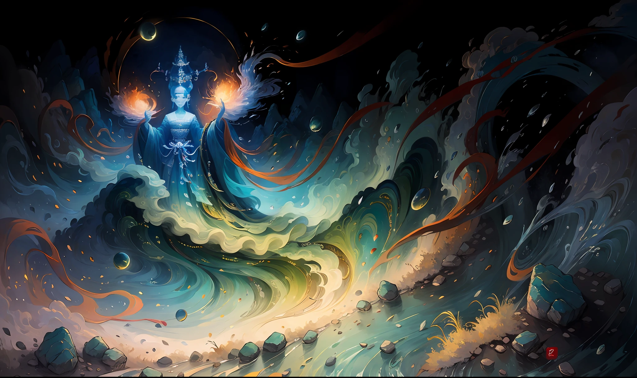 Chinese landscape painting style,Flowing Water Guanyin,Auspicious clouds are ethereal,Official artwork,32k - v6,8k wallpaper,The high-resolution detail is amazing,Epic composition。