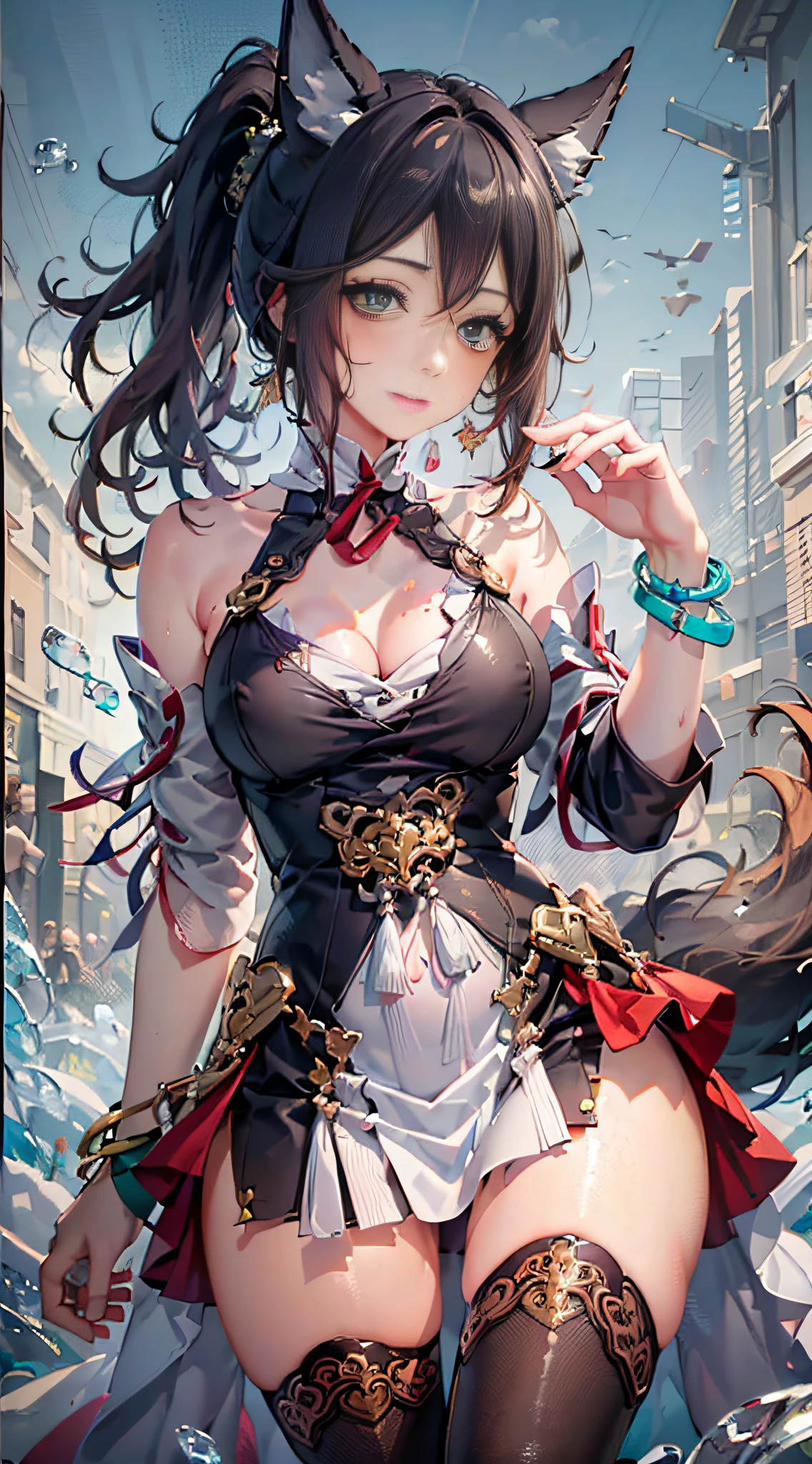 (Best quality: 1.3), (Masterpiece: 1.3), (Ultra Detail: 1.3), (wallpaper, 1girl, solo, official, brown hair, animal ears, ponytail, hair ornament, green eyes, red eyeshadow, jewelry, detached sleeves, medium breasts, dress, 狐狸 tail, bracelet: 1.1),([diamond:1.3|eyes]:1.2), ([opal:1.9|gradient_hair:1.3]:1.2), (hair dripping:1.25), (detailed hands and fingers:0.9),,tbcc illustration,(detailed super oily shiny skin:1.1),([wet:0.8|mucus]),oily shiny thighhighs,