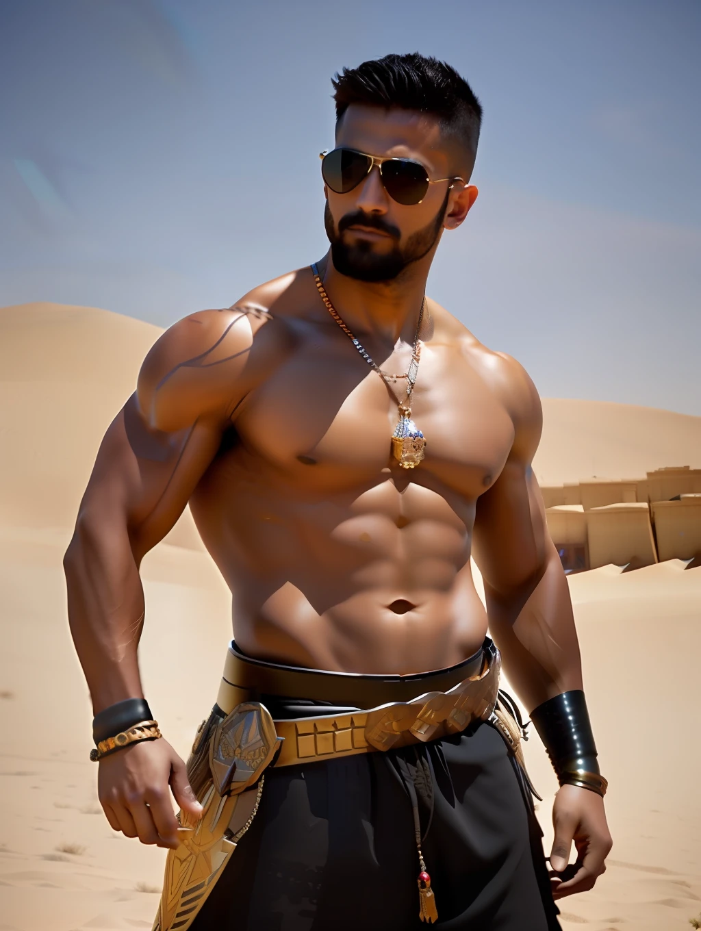 fking_scifi, fking_scifi_v2, portrait of a young, stout muscular insanely handsome and attractive Arabic warrior man, in front of an sand desert, short messy hair, hairy body, rich colorful and golden jewelry, close up, regal pose and attitude. Dynamic action poses, fking_cinema_v2.