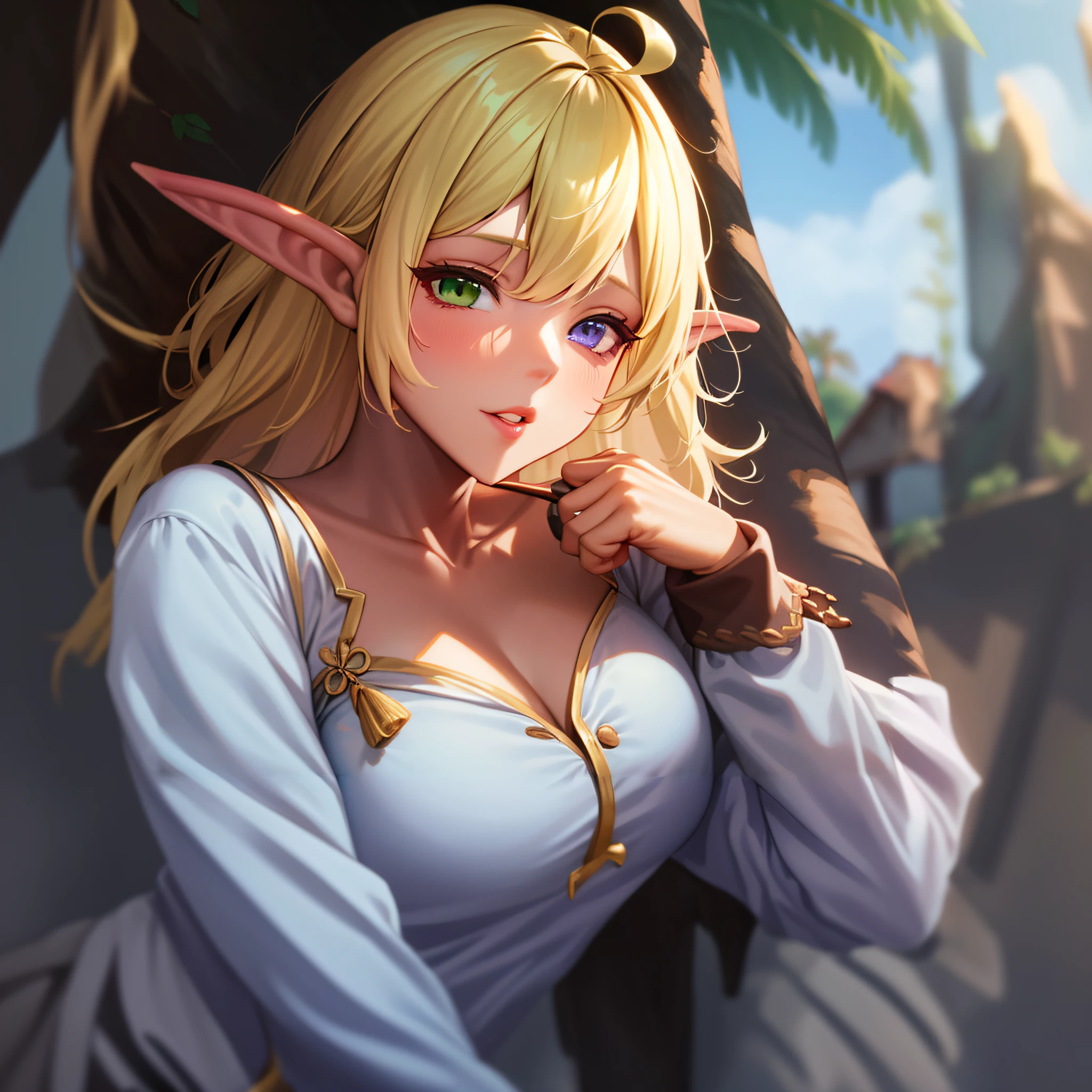 anime girl with blonde hair and blue eyes posing for a picture, Elf Girl, a portrait of an elf, a portrait of an elf, Detailed Digital Anime Art, very beautiful elf portrait, portrait of an elf queen, very detailed Artgerm, ig model | ArtGerm, she has elf ears and gold eyes, ArtGerm on ArtStation Pixiv