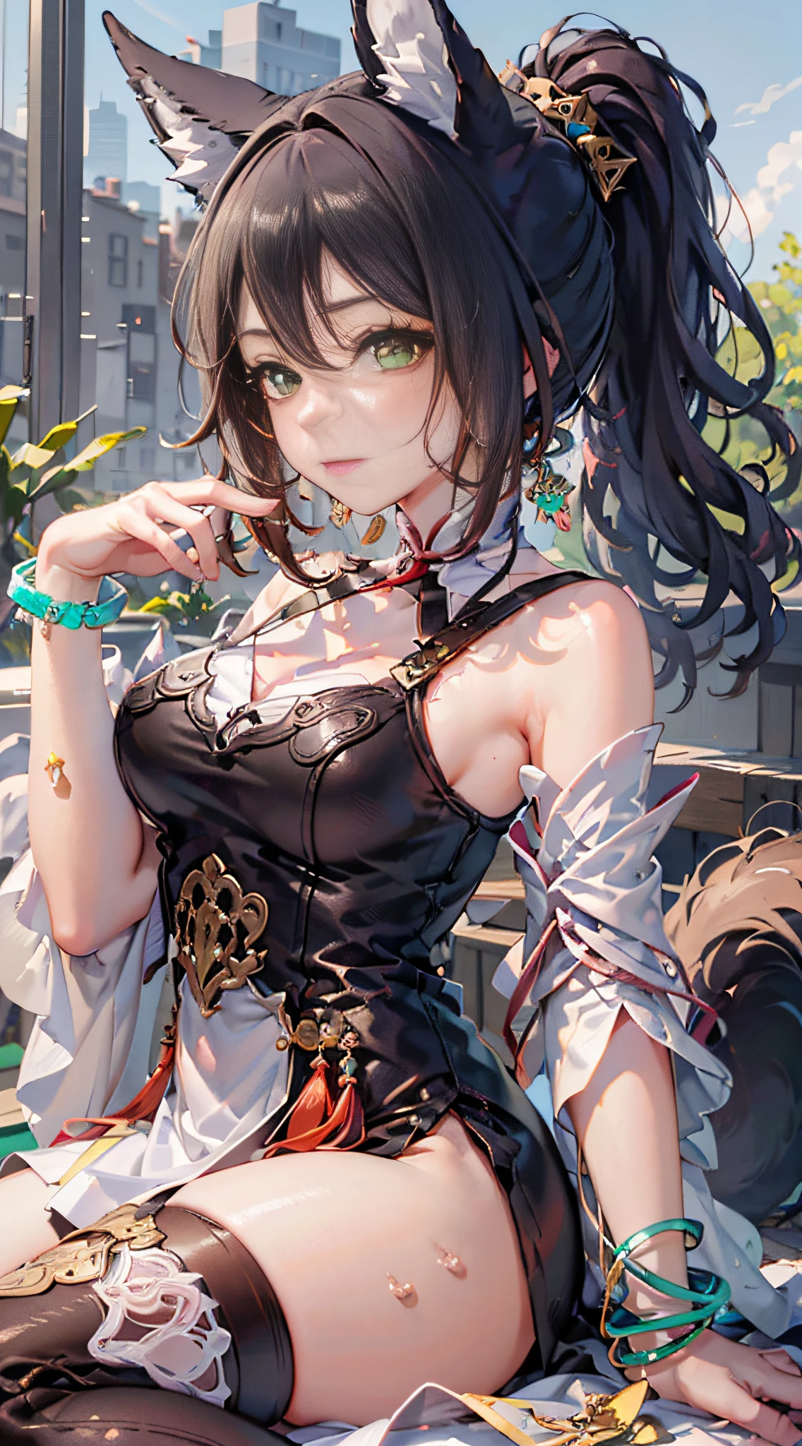 (Best quality: 1.3), (Masterpiece: 1.3), (Ultra Detail: 1.3), (wallpaper, 1girl, solo, official, brown hair, animal ears, ponytail, hair ornament, green eyes, red eyeshadow, jewelry, detached sleeves, medium breasts, dress, 狐狸 tail, bracelet: 1.1),([diamond:1.3|eyes]:1.2), ([opal:1.9|gradient_hair:1.3]:1.2), (hair dripping:1.25), (detailed hands and fingers:0.9),,tbcc illustration,(detailed super oily shiny skin:1.1),([wet:0.8|mucus]),oily shiny thighhighs,