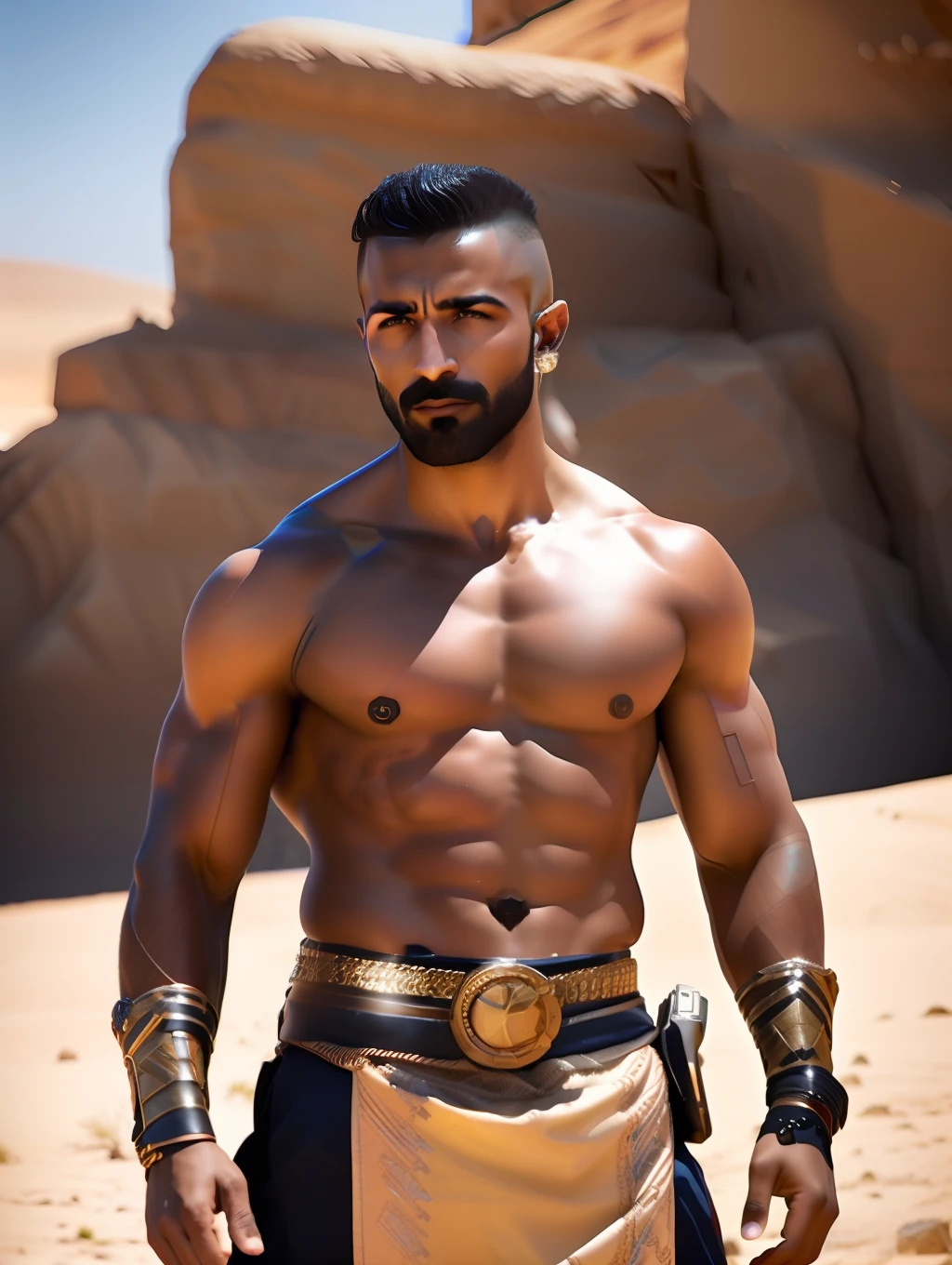 fking_scifi, fking_scifi_v2, portrait of a young, stout muscular insanely handsome and attractive Arabic warrior man, in front of an sand desert, short messy hair, hairy body, rich colorful and golden jewelry, close up, regal pose and attitude. Dynamic action poses, fking_cinema_v2.
