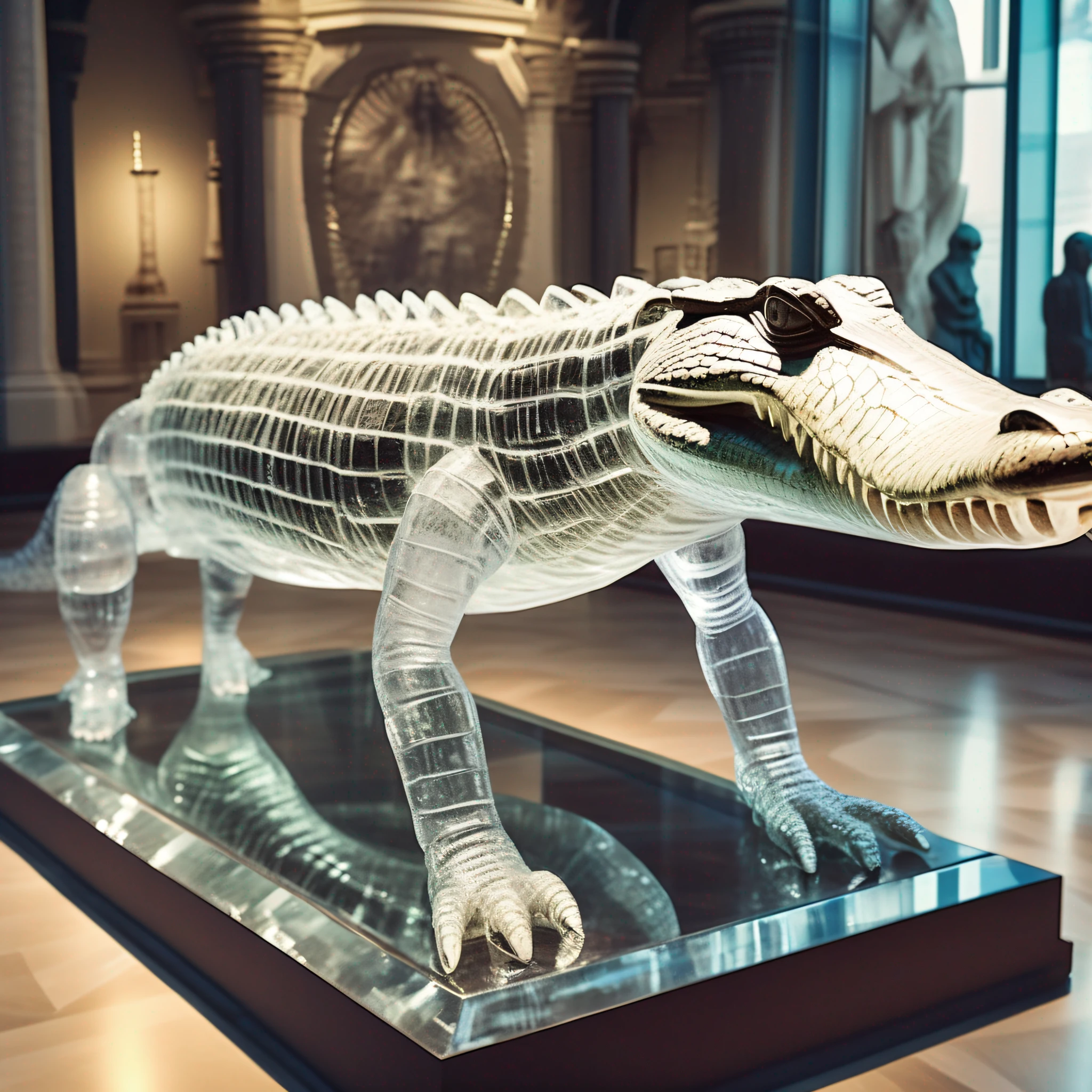 instagram photo, statue of a nile crocodile in transparent crystal, wide angle, hyper detailed, crystal eyes, studio photo, made of ornate transparent crystal, on an exhibition altar, museum background