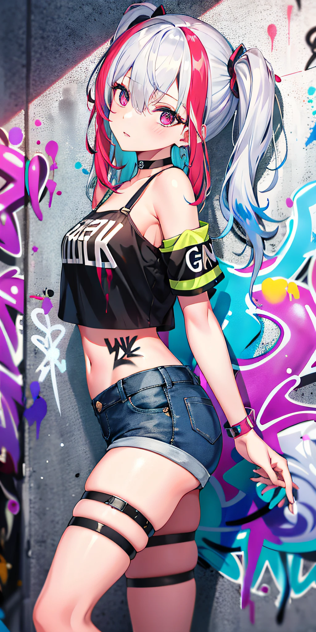 absurdres, best quality,1girl, solo, streaked hair, crop top, denim shorts, choker, (graffiti:1.4),  paint splatter, arms behind back, (slouching), (leaning back:0.5), against wall, (leaning to the side:0.5), looking at viewer, armband, thigh strap, streaked hair, paint on body, upturned eyes, head down, head tilt, (from side:1), bored