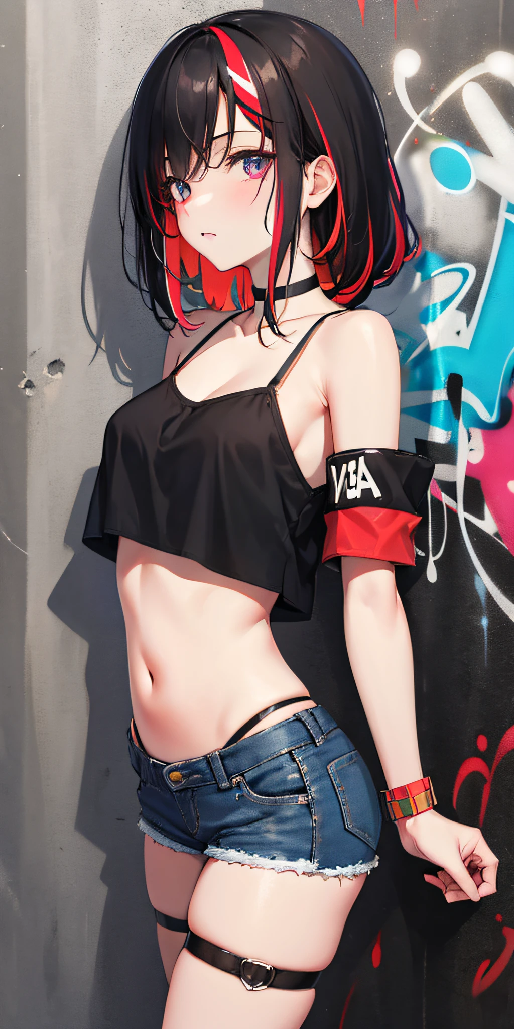 absurdres, best quality,1girl, solo, streaked hair, crop top, denim shorts, choker, (graffiti:1.4),  paint splatter, arms behind back, (slouching), (leaning back:0.5), against wall, (leaning to the side:0.5), looking at viewer, armband, thigh strap, streaked hair, paint on body, upturned eyes, head down, head tilt, (from side:1), bored