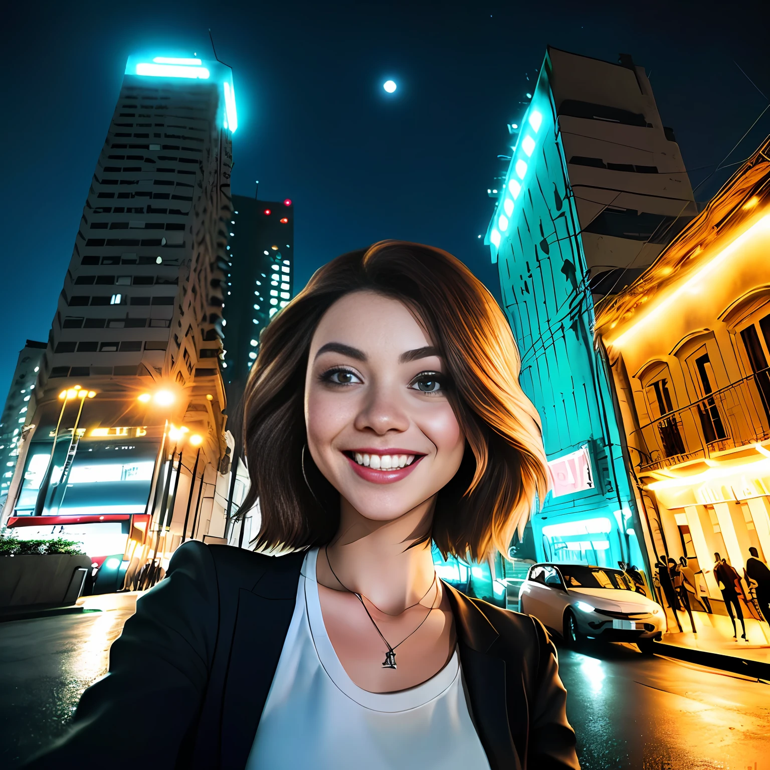 Caneta DreamlikeArt:1),(Estilo Redshift:1.2), (estilo de roupa moderna roxa, mulher empresaria,) ((aparecendo o corpo inteiro)), (estilo matrix roxa).

[chloe grace moretz| Kristin Kreuk],((com roupa roxa, tirando uma Self, com retrato da cintura para cima, retrato de imagem de perfil do Instagram)), ((no Rio de Janeiro, the night with buildings illuminating the city with shadows and professional light)),sorrindo, Alegre,roupa de empresa, Luxury office, foco, sorrir, Bem vestida, cabelo marrom.