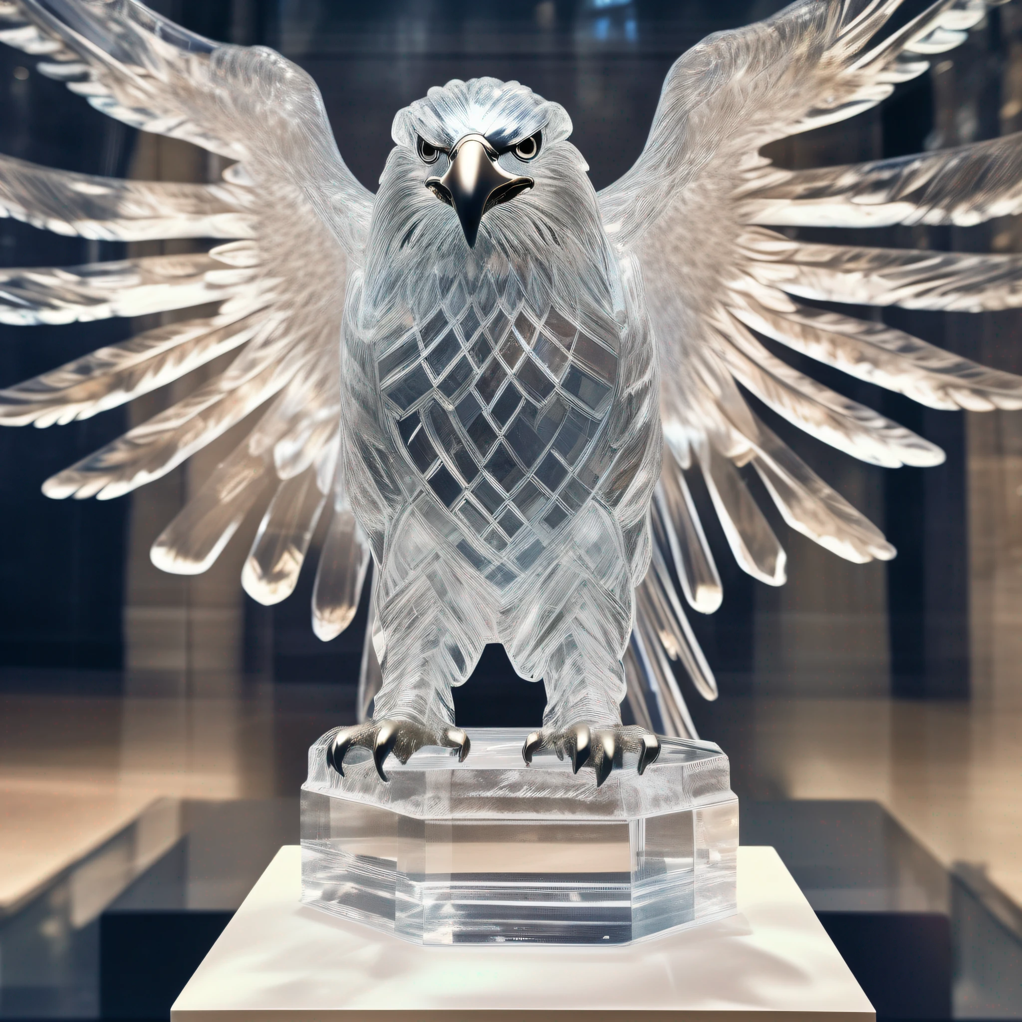 instagram photo, statue of an eagle in transparent crystal, wide angle, hyper detailed, crystal eyes, studio photo, made of ornate transparent crystal, on an exhibition altar, museum background