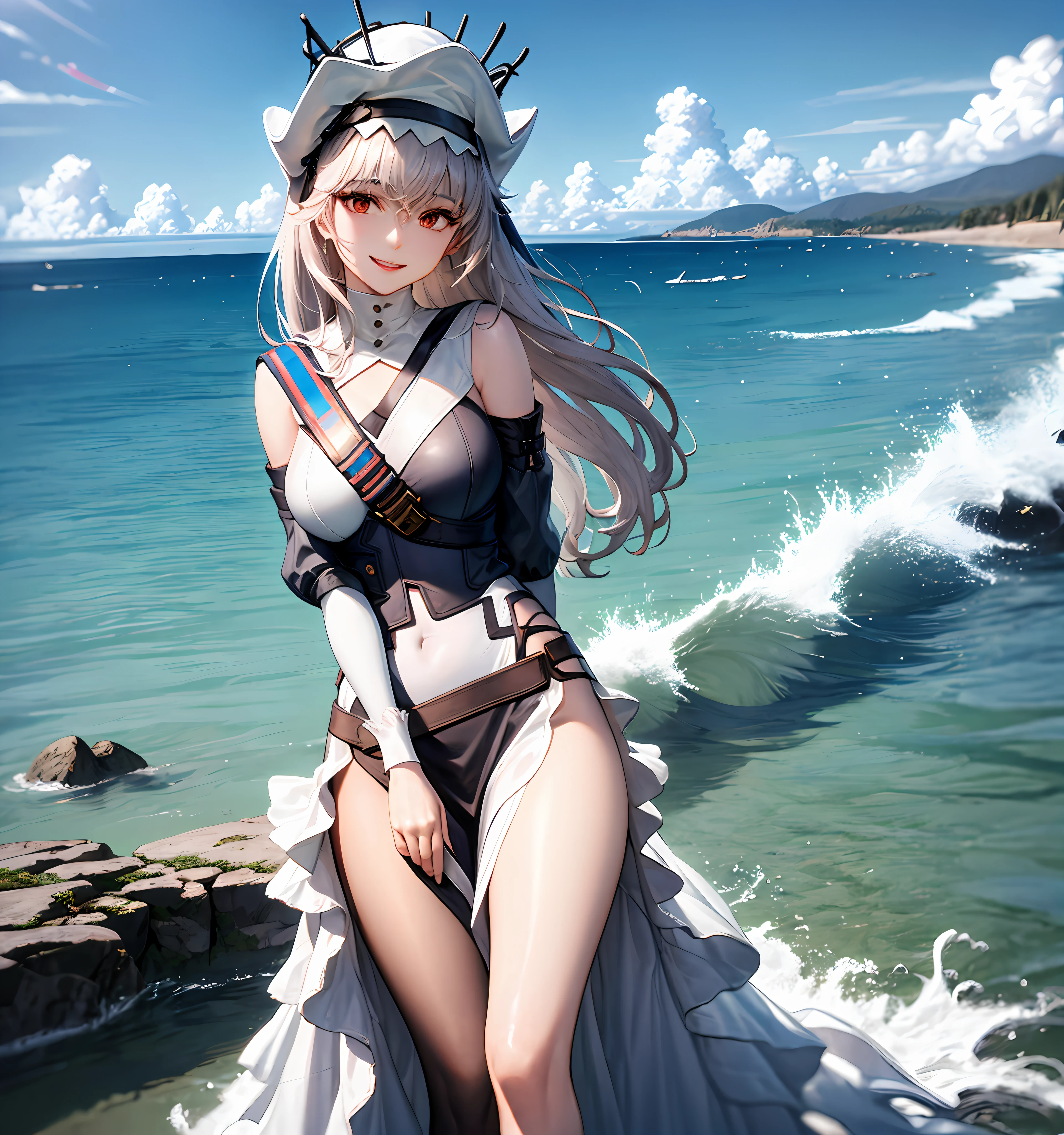 1 18 year old girl,cropped shoulders,Wear white sleeves ,Short white skirt,has horns on its head,Have by the sea,Look at the audience with a smile,Sideslit,Hands on your face,tmasterpiece,4k