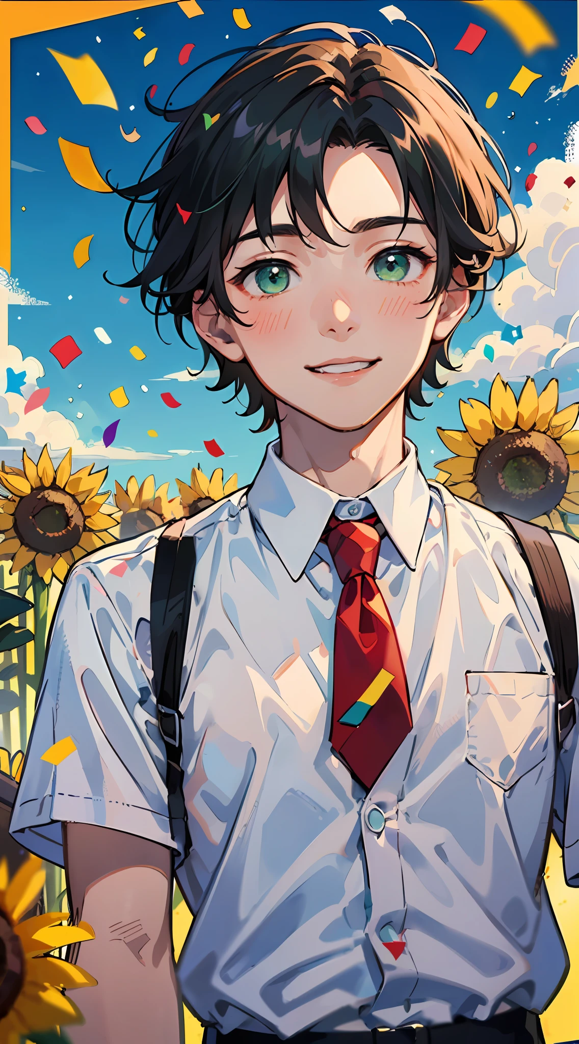 Master masterpiece、best qualtiy、8K、(16 years old male:1.5)、green very short hair,Cute face、Green eyes, blush,Smile,(Confetti:1.2),with a large number of sunflowers、White shirt、short red necktie、Beautiful sky background
