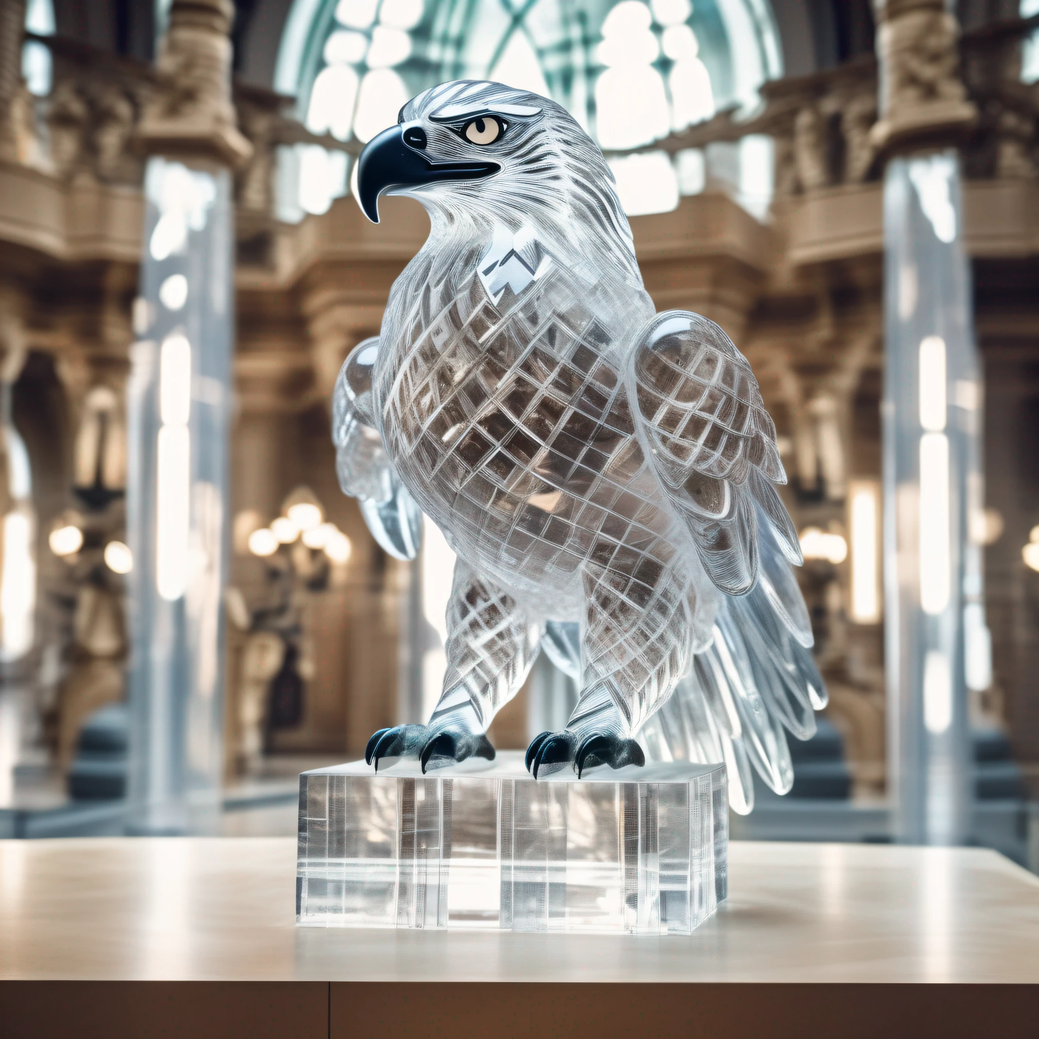 instagram photo, statue of an eagle in transparent crystal, wide angle, hyper detailed, crystal eyes, studio photo, made of ornate transparent crystal, on an exhibition altar, museum background