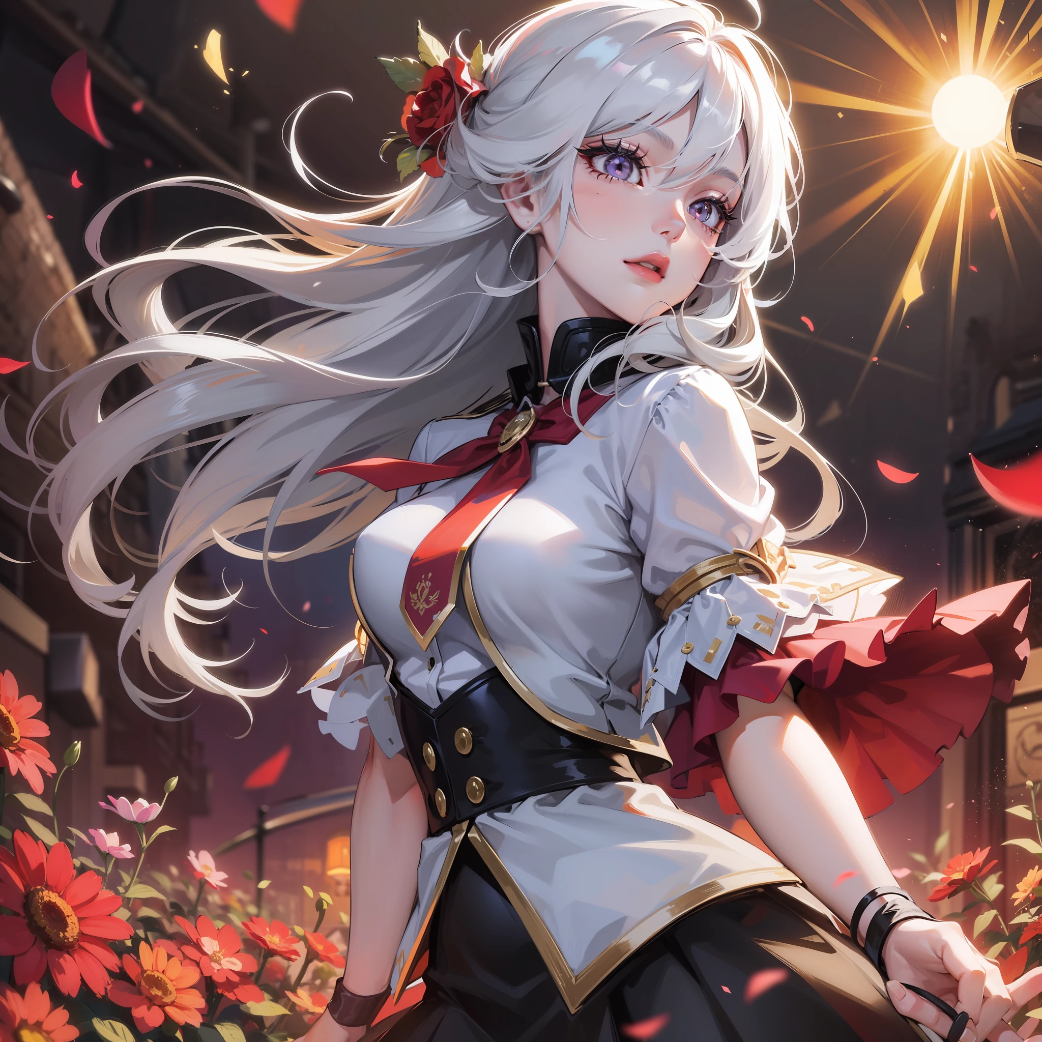 high-definition picture quality，realisticlying，1girl，White hair，Purple eye，glowing light eyes，Cut the top，a skirt，parted lip，Be red in the face，the night，fresh flowers，suns，rays of sunshine，