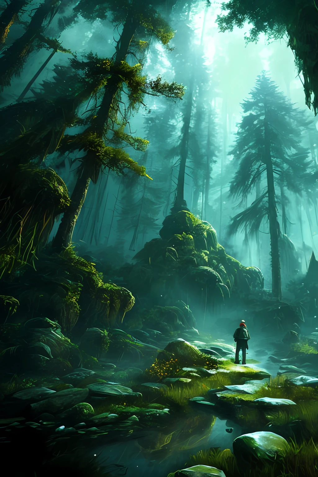 A forest of huge towering trees，A winding forest path in the middle，The tall boy in the storm suit looked up with his back to his head，Light falls from the upper left corner，The overall tone is warm yellow