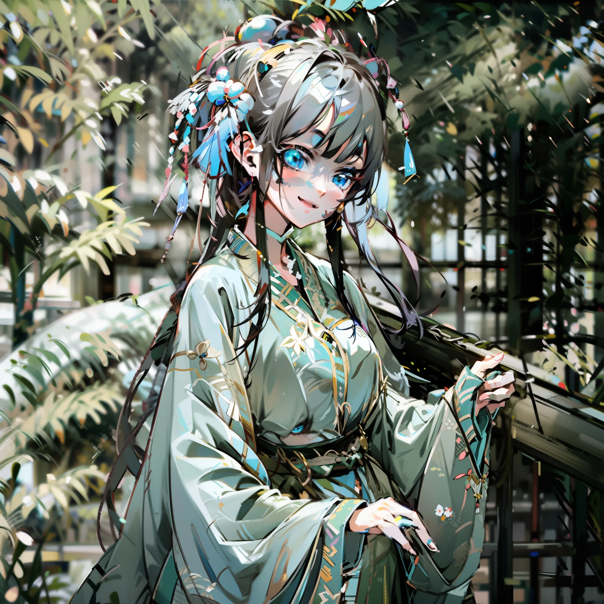 tmasterpiece,4k,k hd,detailed detail,one-girl,Delicate face,Gray hair and long hair,Blue eyes,Hanfu,is shy,ssmile,are standing,On a quaint street
