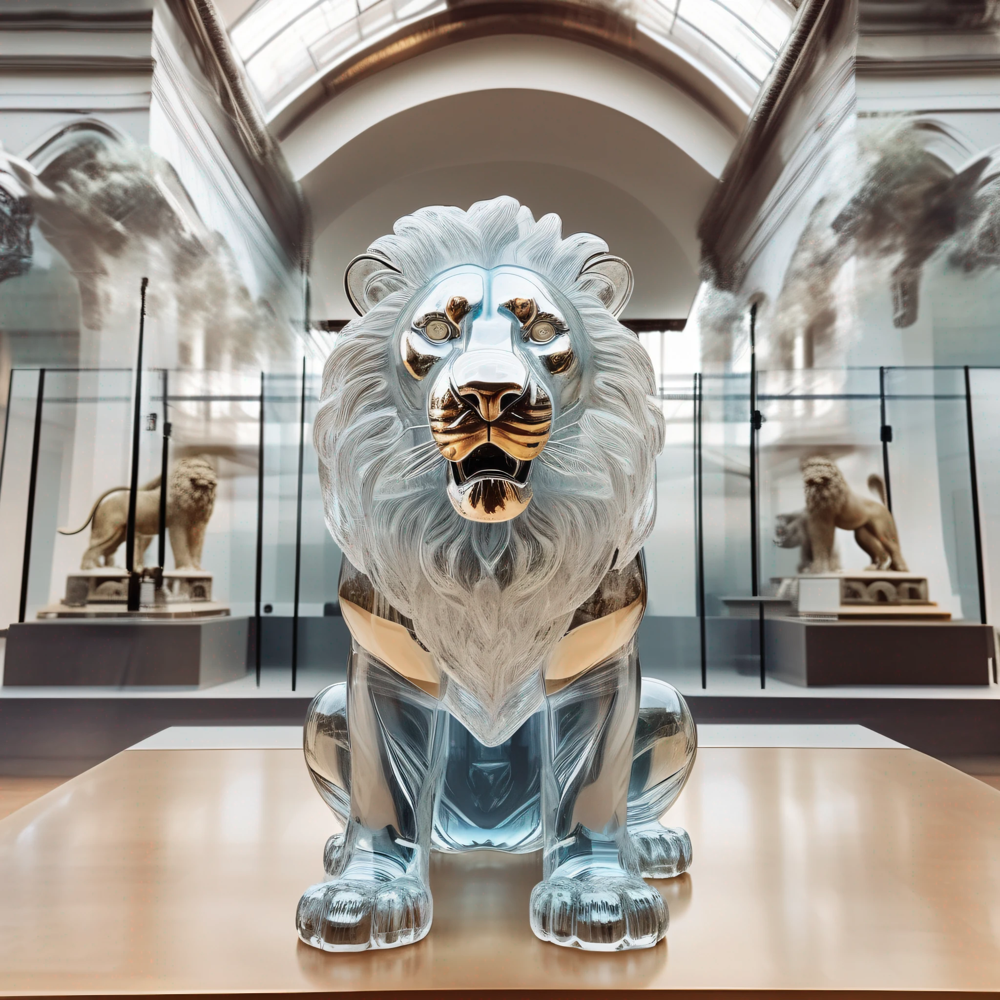 instagram photo, statue of a lion in transparent crystal, wide angle, hyper detailed, crystal eyes, studio photo, made of ornate transparent crystal, on an exhibition altar, museum background