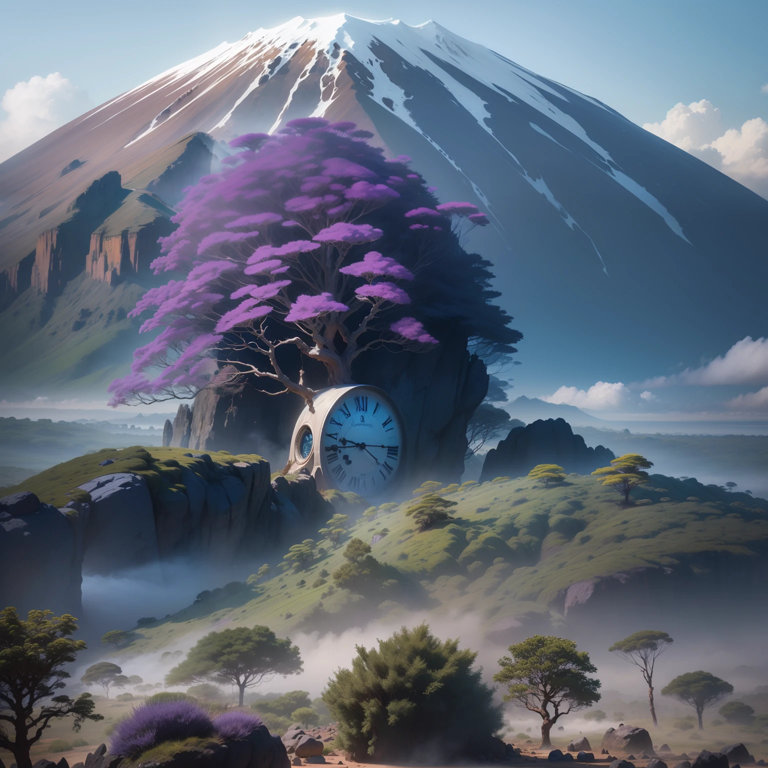Deep shades of blue,Rich in intense purple;A curved and suspended clock,Exactly resting on trees and rocks;In the distance, Kilimanjaro is faintly covered with a mist。