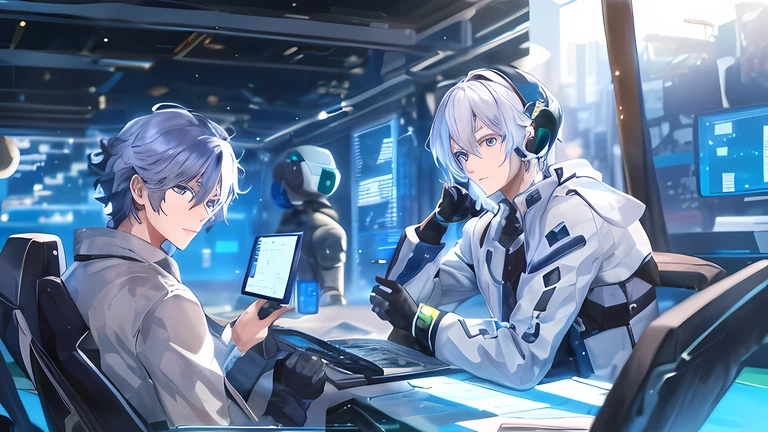 two young men A (left) and B (right) sitting in a room with a laptop and a monitor, a robot behind them, man A has (blue eyes) (blue short hair)(gentle)(genius), man B has (green eyes) ({white long curly hair}) (enchanting)({dangerous})(genius), best anime 4k konachan wallpaper, masterpiece