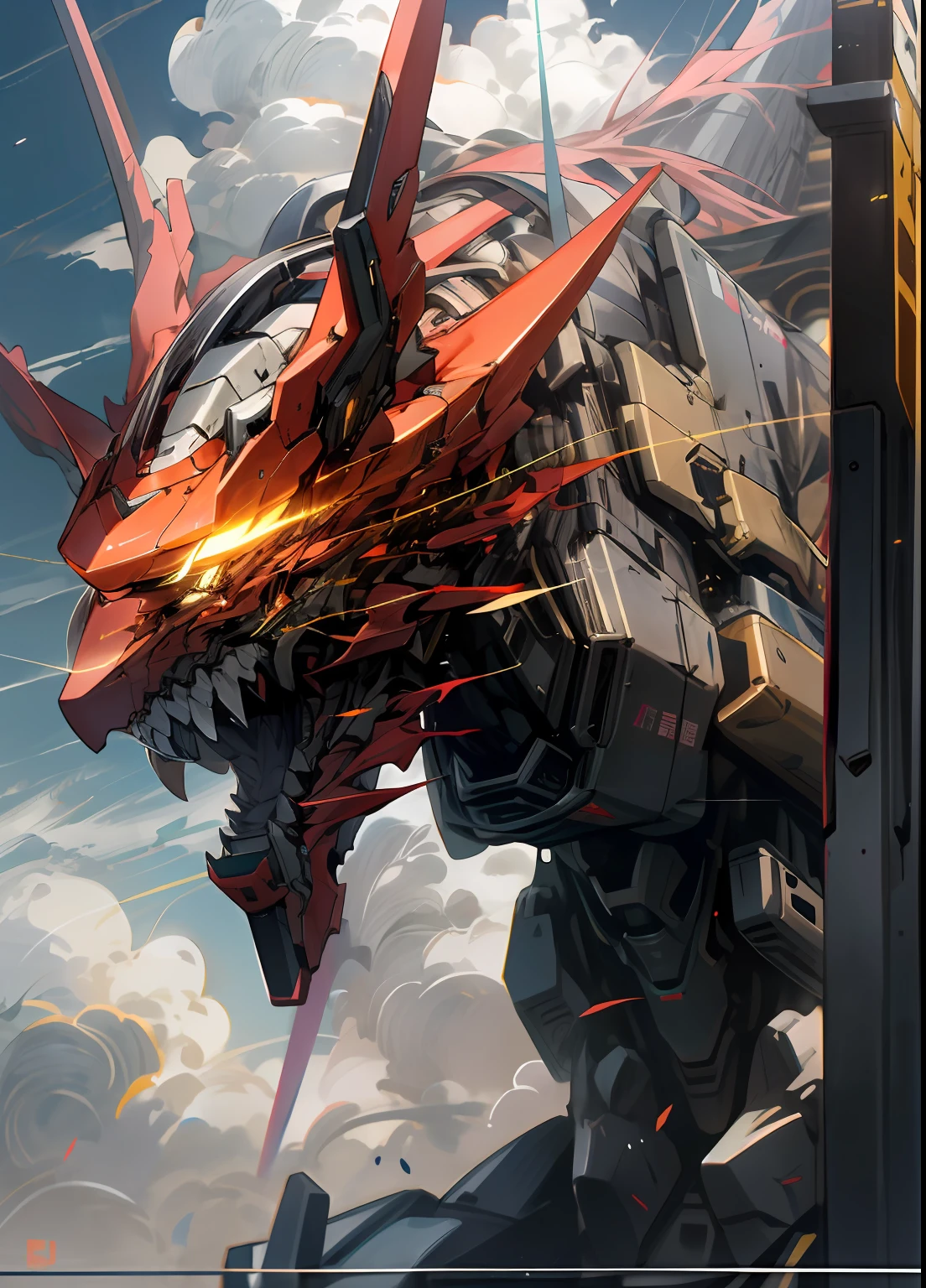 Skysky,clouds,holding_weapon,no_humans,with light glowing,,Dragon-shaped robot,buliding,glowing_eyes,mecha,scientific fiction,城市,Realistis,mecha