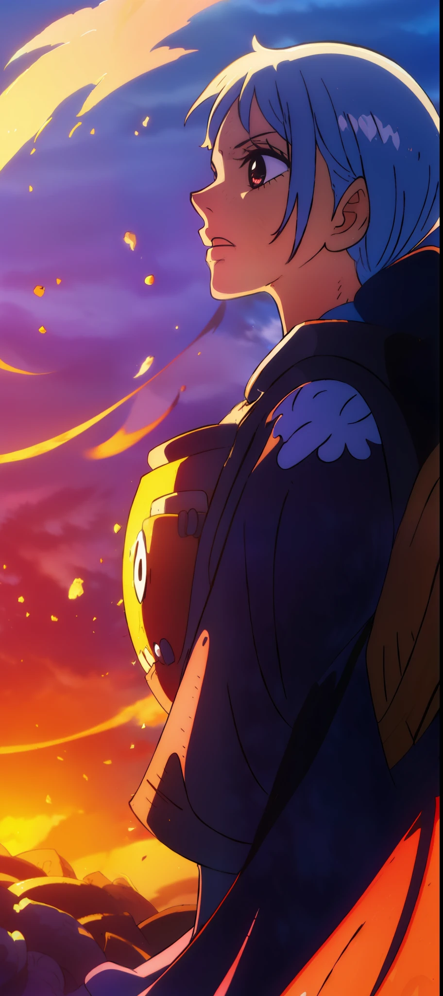 The vast sky,the beautiful skyline,Large grasslands,Intense and dramatic imagery,the moving visual effects,the high-hanging Polaris,Colorful natural light。A long-sleeved top,denim short,A girl carrying a backpack,tmasterpiece,illustration