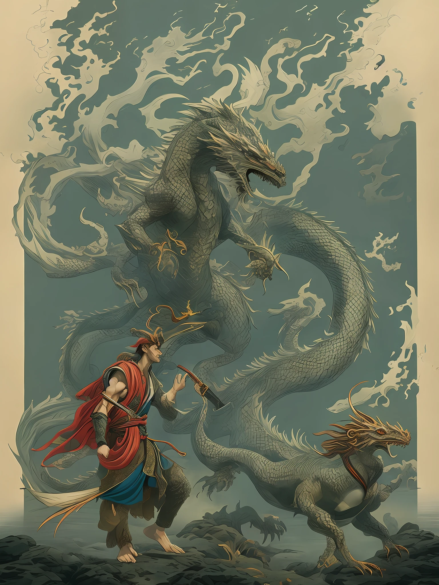 A man with a sword and a dragon,Beautiful male dragon man,mohrbacher,Inspired by Shunkōsai Hokushu,In the artistic style of Morebach,asura from chinese myth,the god of chaos,Inspired by Ryūkōsai Jokei,Style Peter Molbach