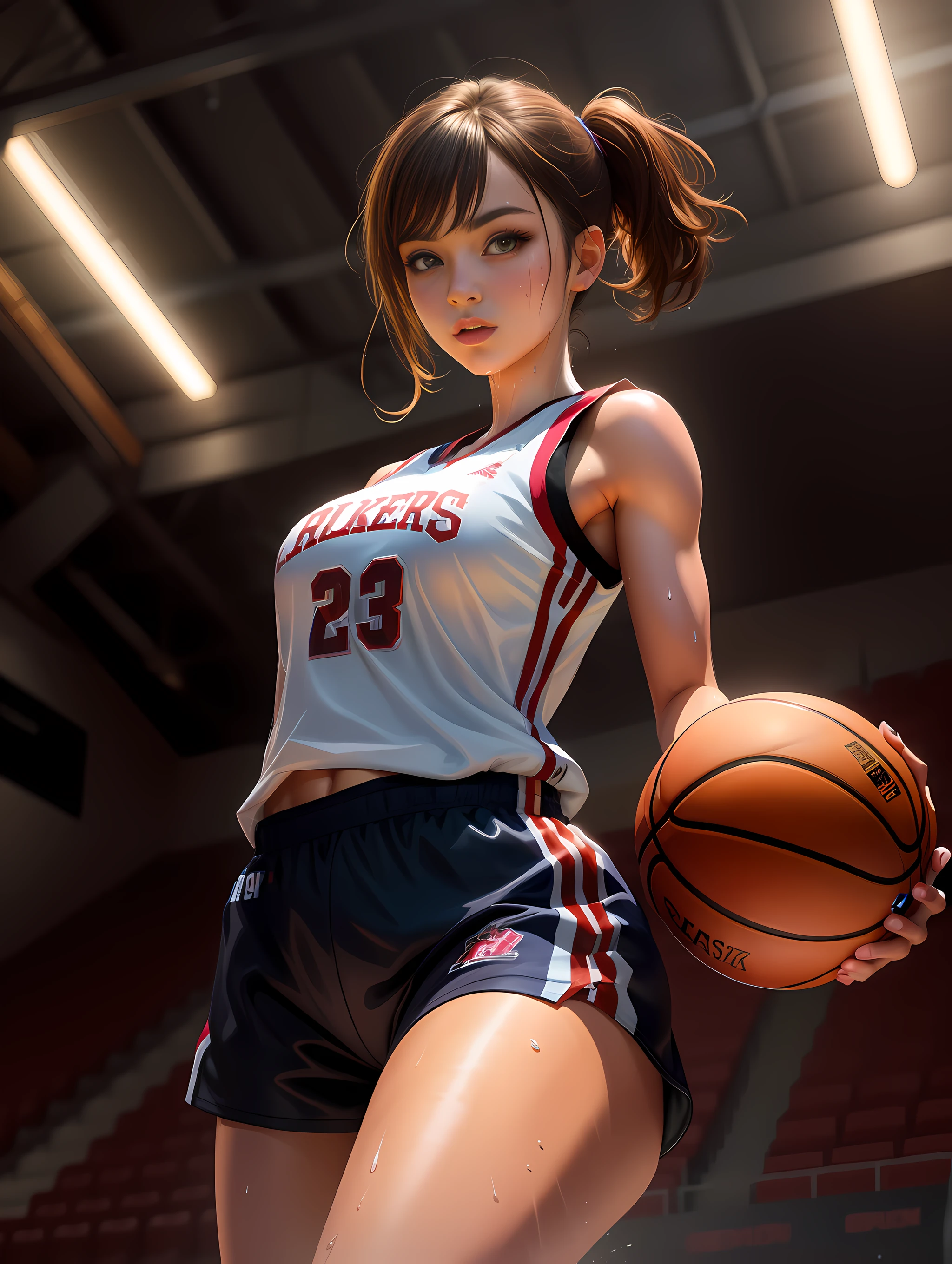 (Digital Painting),(Best Quality), 1girl in,basketball uniform,charming face,small head,big beatiful eyes,large breasts,Trained abs,nice legs,wet skins sweat,basketball Venues,Dramatic light,from below