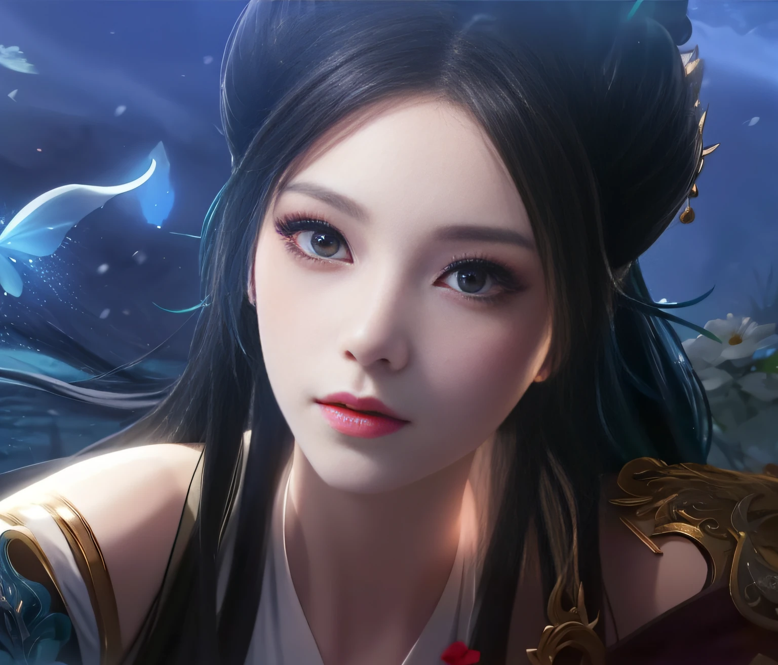 a close up of a woman with a blue dress and a butterfly, beautiful and seductive anime woman, Smooth anime CG art, inspired by Li Mei-shu, beautiful avatar picture, xianxia fantasy, Beautiful anime woman, a beautiful fantasy empress, Beautiful character painting, digital fantasy art ), queen of the sea mu yanling, Beautiful digital artwork, Fantasy Woman, Chinese fantasy，Tall figure，Seductive