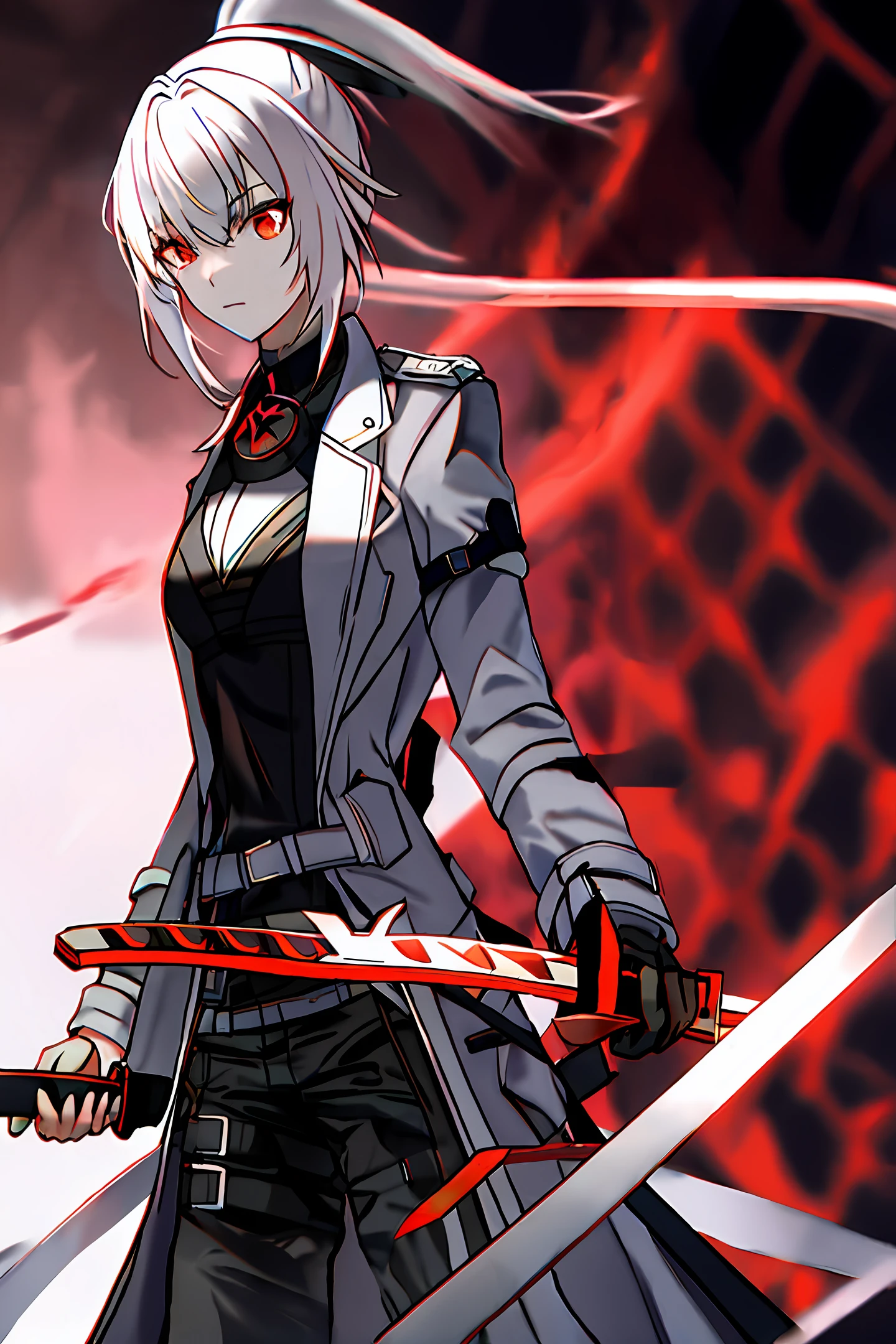 White hair, Red eyes, High ponytail, Black trench coat, Han slender held a black long sword