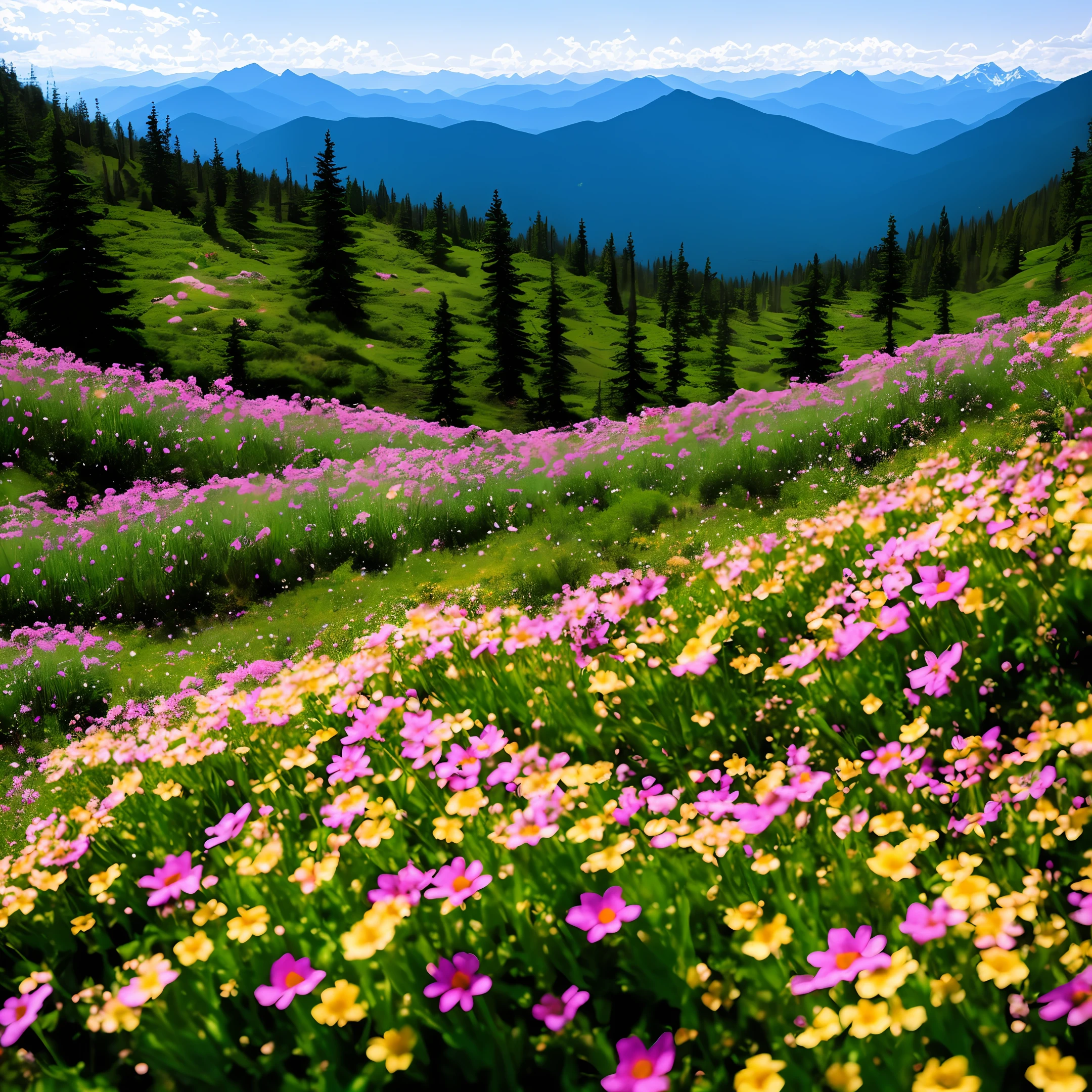 Mountain flowers are like embroidered cheeks，The lights are like fireflies