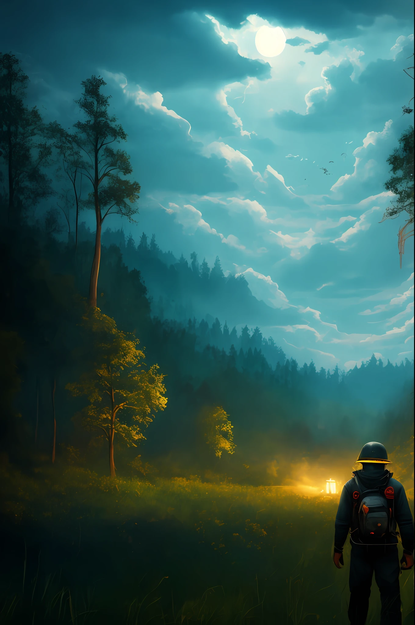 The overall tone is warm yellow,eventide,There are fireflies,A huge forest of towering deciduous trees,A winding forest path in the middle,The tall boy in the storm suit looked up with his back to his head,Light falls from the upper left corner,