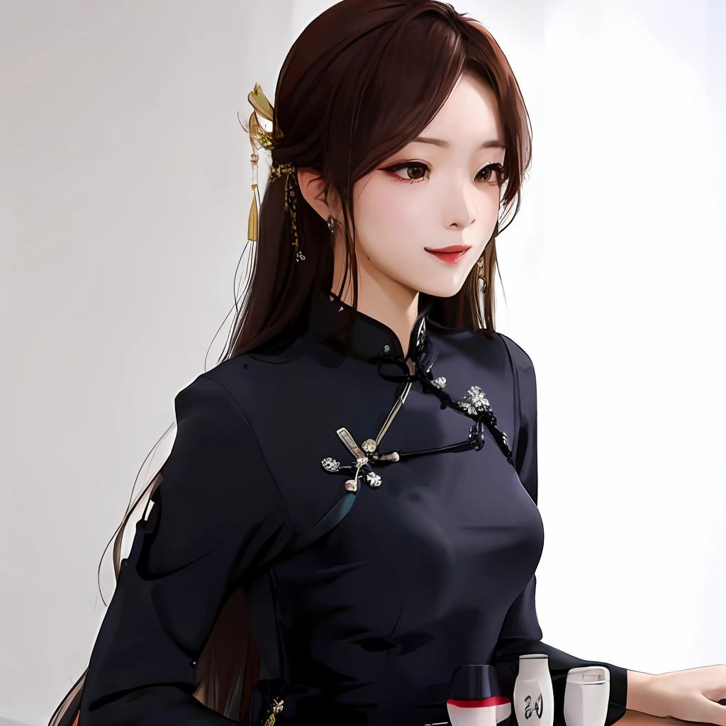 on cheongsam，Beautuful Women，Long hair，Raised sexy