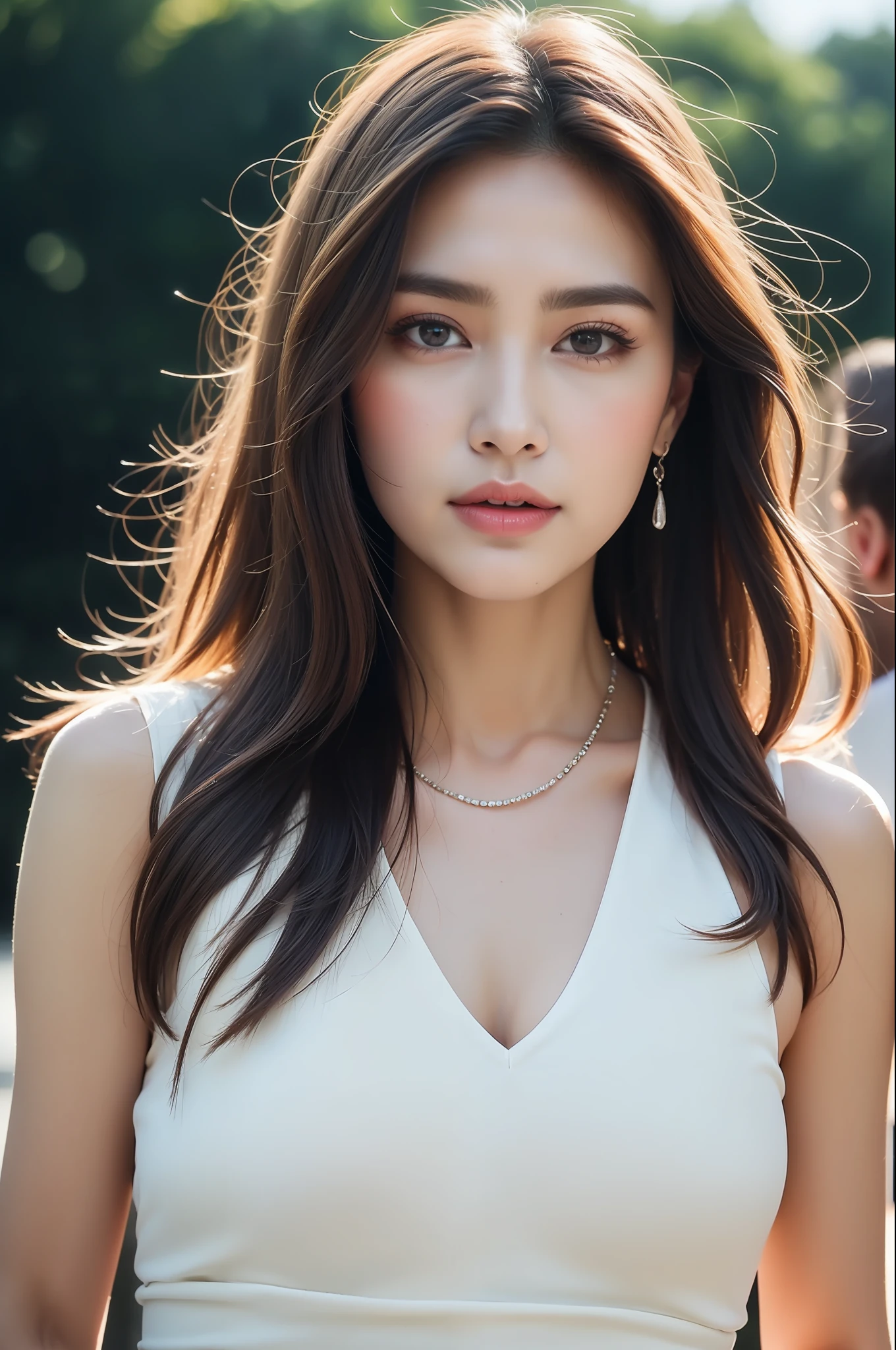 ((masterpiece)), (ultra detailed), ((realistic)), (better Quality), A very beautiful woman wearing an exclusive luxurious dress and necklace, walking on the crowd, with long silky hair, wave hair, and a beautiful red and white color dress. She has sparkling eyes. (((ful body))), 8k smooth, clear facial features, realistic, photography, photoreal, (high definition :1.0),(Realism:1.4), Waist Shot(WS), (Realistic skin:1.4), (Exquisite and clear portrait:1.4), (high resolution:1.4), (Fashion portrait photography:1.4), (photos realistic:1.4), (Super realistic:1.4),