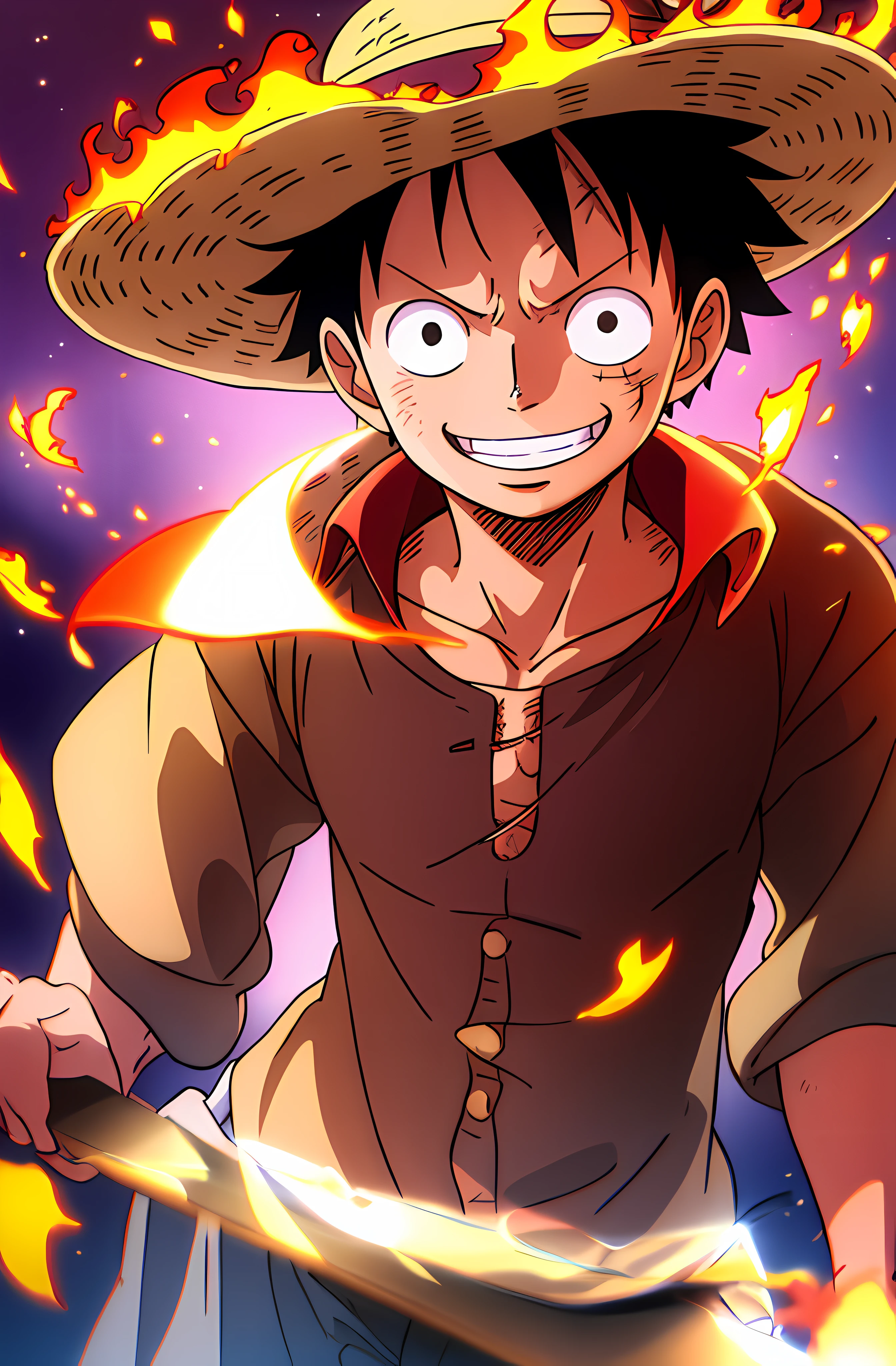 1boy, wanostyle, monkey d luffy, smiling, straw hat, looking at viewer, solo, upper body, ((masterpiece)), (best quality), (extremely detailed), depth of field, sketch, dark intense shadows, sharp focus, soft lighting, hdr, colorful, good composition, fire all around, spectacular, closed shirt, anime screencap, scar under eye, ready to fight, black eyes