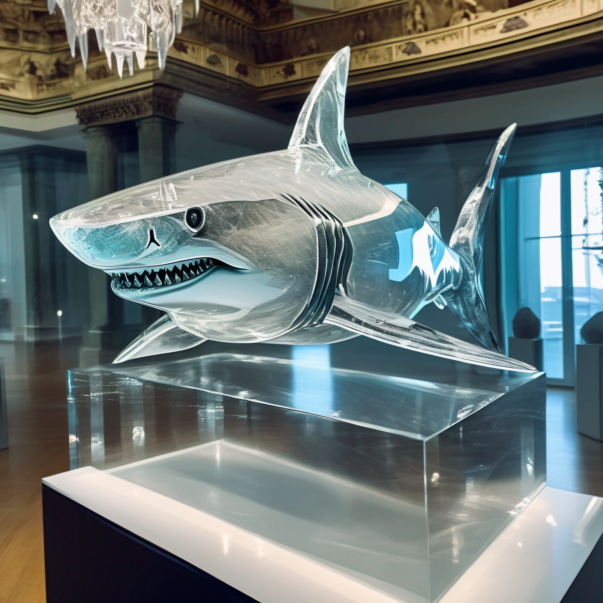 instagram photo, statue of a shark in transparent crystal, wide angle, hyper detailed, crystal eyes, studio photo, made of ornate transparent crystal, on an exhibition altar, museum background
