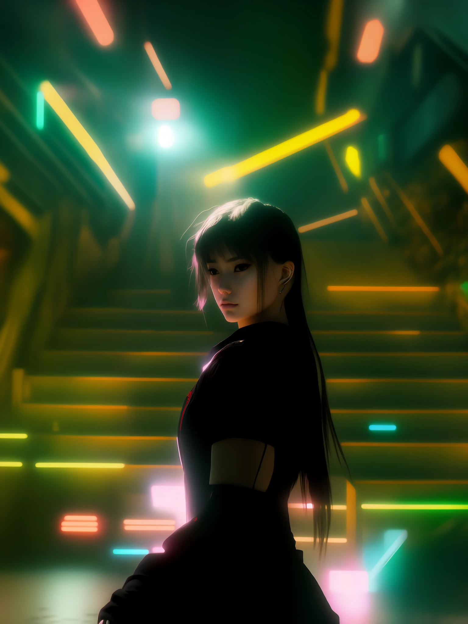 there is a woman that is standing in a room with stairs, menina cyberpunk sonhadora, cyberpunk with neon lighting, blade runner vibes, brilho cyberpunk brilhante, cyberpunk lighting, Cyberpunk 2 0 e. o modelo menina, O retrato da menina cyberpunk, no estilo cyberpunk, Argila Cyberpunk, Jet Black Haired Cyberpunk Menina, beleza blade runner mulher, Foto cyberpunk, cyberpunk menina bonita, Photography movie cinematic, Photograph of a video clip, foco nos olhos, olhos hyper detalhados e realista com destaque de luzes, render em hdr, 8K