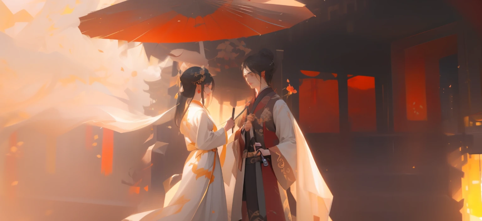 (romantic motifs,The couple hold umbrellas and wear traditional Hanfu,Delicate painting style,WLOP and Sakimichan's style,Elegant cinematic graphics,Guvez artwork style,Detailed movie rendering,8K HD resolution,Unreal Engine builds,Cyan Hanfu,full-body wuxia,Game CG rendering style,Trends on CGSTATION)