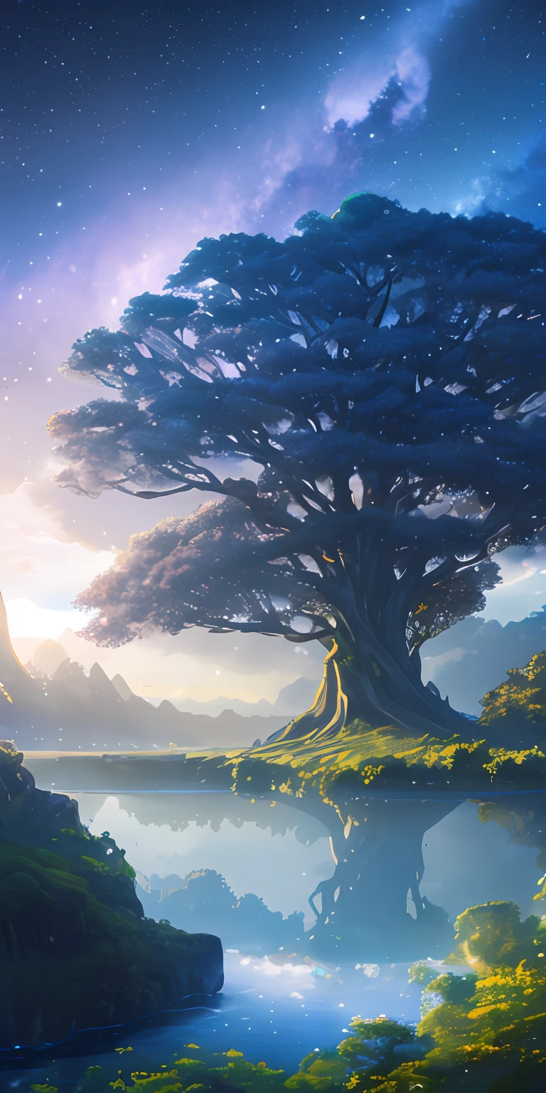 A small bird stands on a towering ancient tree,There were clouds scattered all around,A ray of sunlight shines into the woods