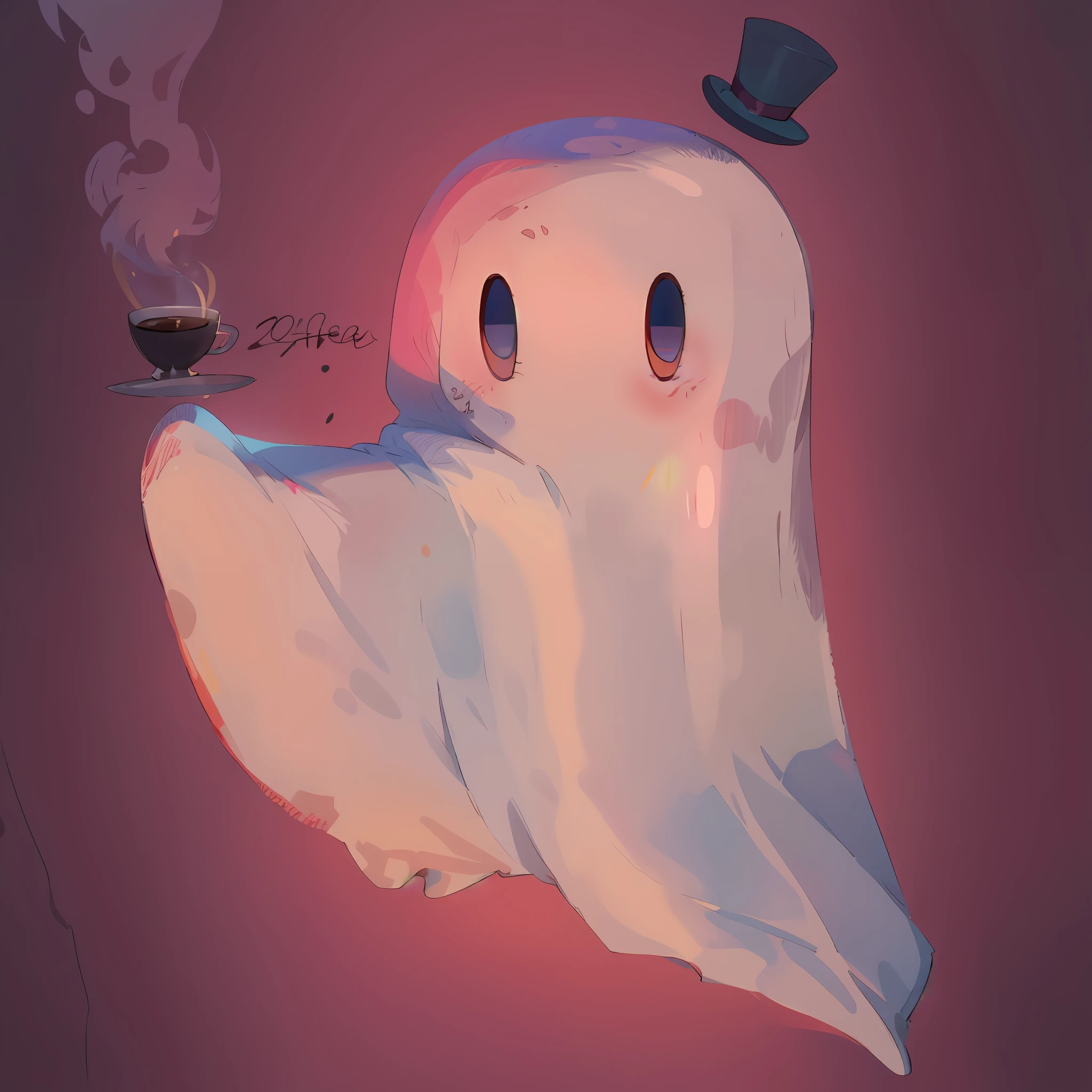 Ghost wearing a small top hat and drinking coffee