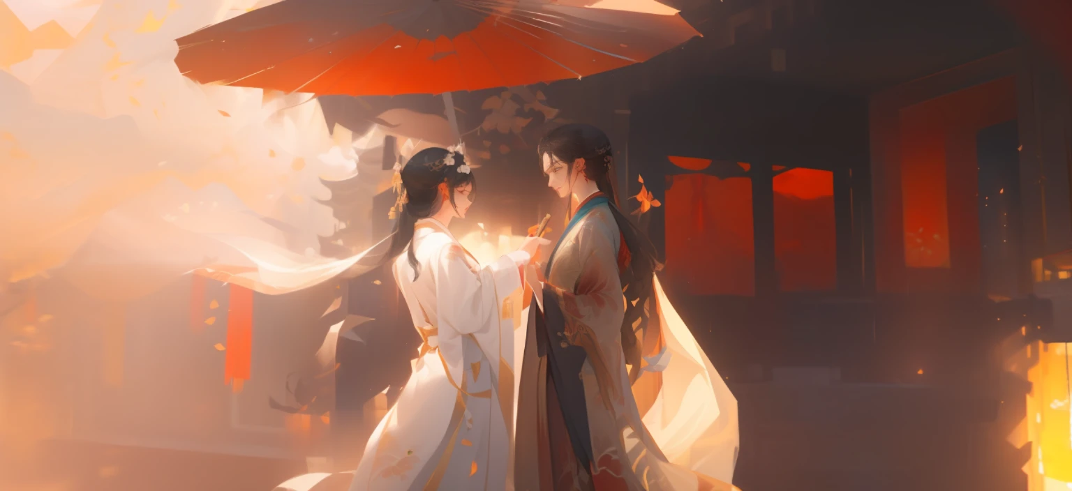 (romantic motifs，The couple hold umbrellas and wear traditional Hanfu，Delicate painting style，WLOP and Sakimichan's style，Elegant cinematic graphics，Guvez artwork style，Detailed movie rendering，8K HD resolution，Unreal Engine builds，Cyan Hanfu，full-body wuxia，Game CG rendering style，Trends on CGSTATION)