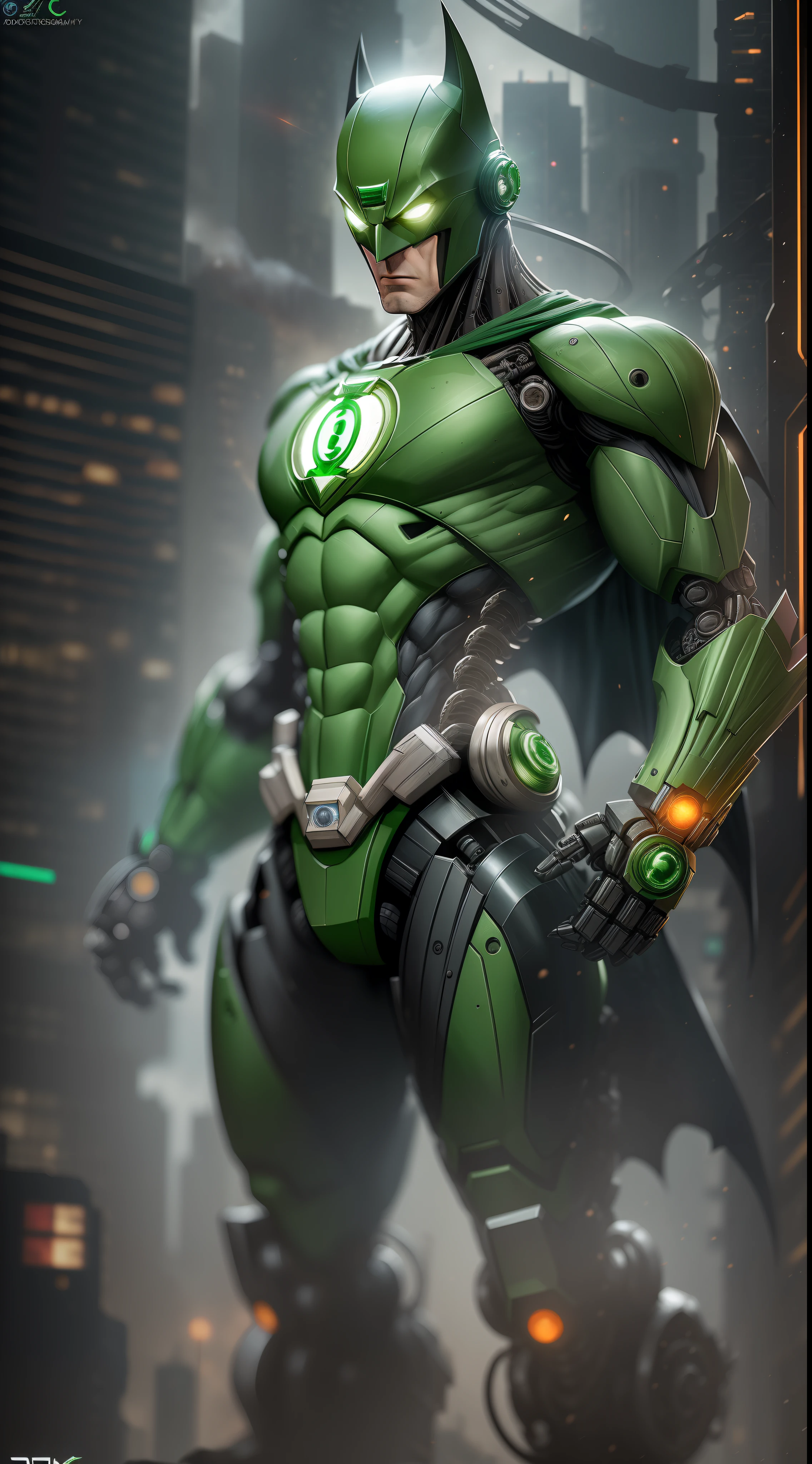 Batman Green Lantern from DC photography, biomechanical, complex robot, full height, hyper-realistic, insane small details, extremely clean lines, cyberpunk aesthetic, a masterpiece featured at Zbrush Central