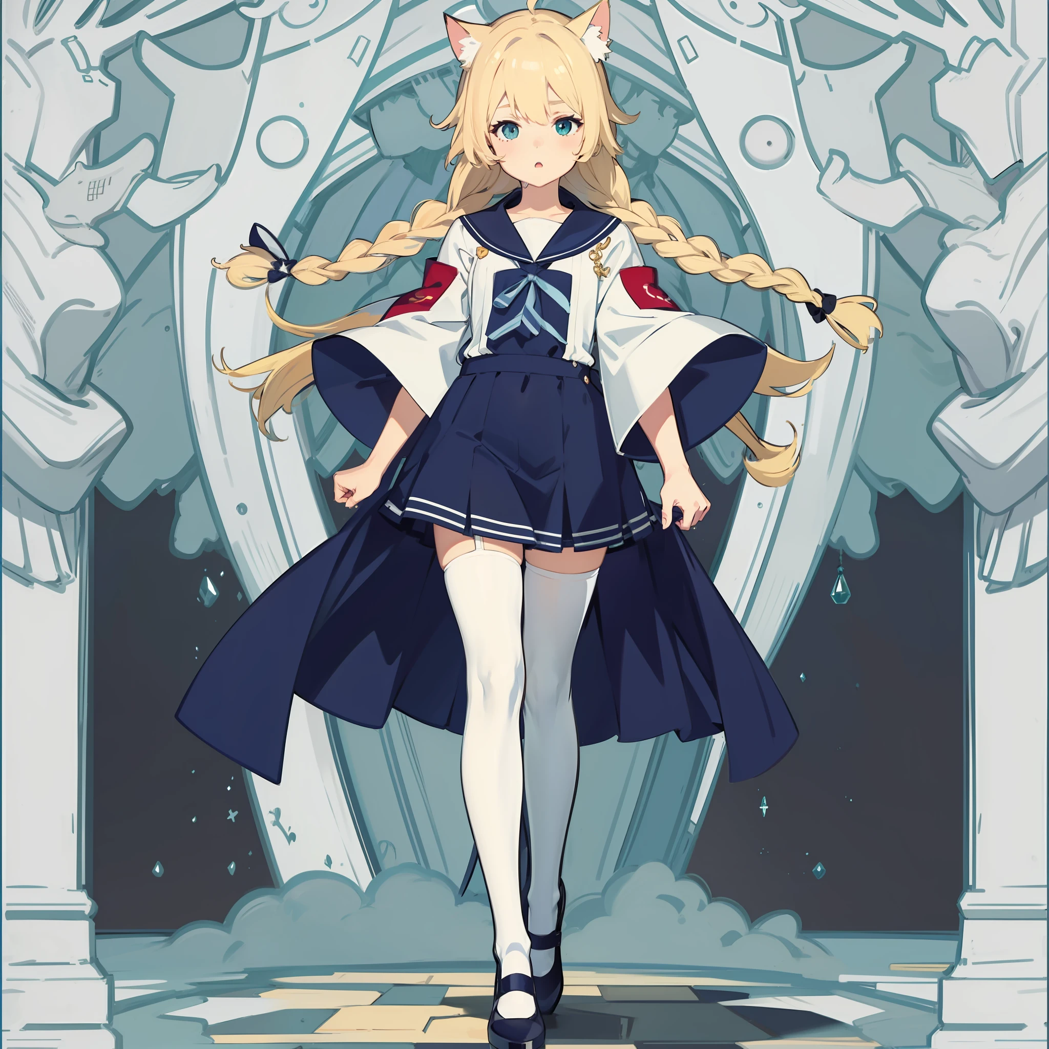 Blonde hair, Long hair with shawl and double long braids, anime illustrated, high qulity, JK sailor suit, Two-dimensional, Novel illustration, White suspender stockings, Beast-eared maiden, A princess, Stand upright, Full body photo, hyper HD, retinas, Masterpiece, ccurate, Anatomically correct, High details, Best quality, High quality, 8K，Long legs，cat ear，face expressionless，largeeyes，little mouth，high heelshuge