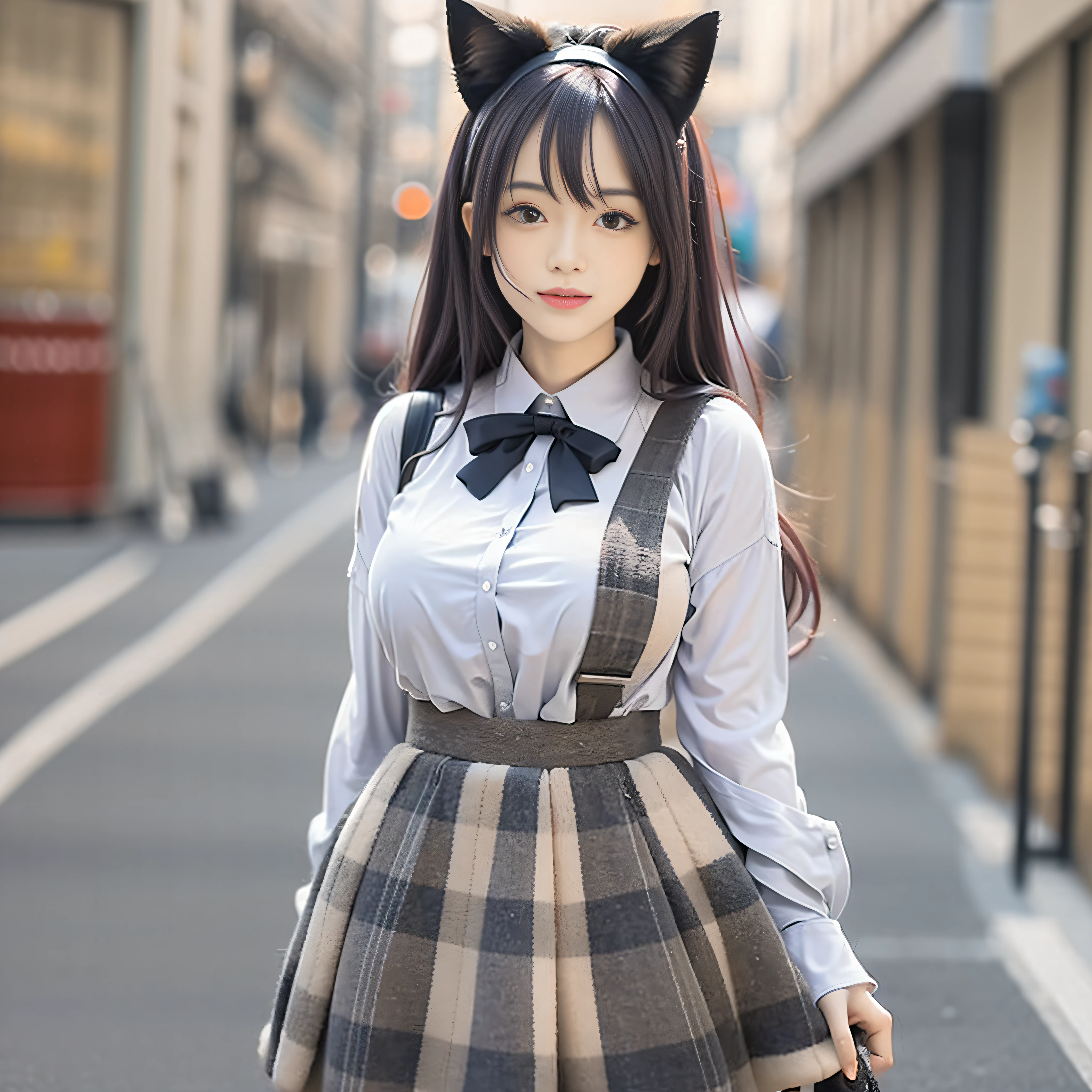 A seductive cat girl with long, lavender-colored hair. She is wearing a white blouse and a plaid skirt. Her outfit highlights her curvaceous figure, especially her alluring bust. She exudes a captivating beauty that is both enticing and mysterious.
