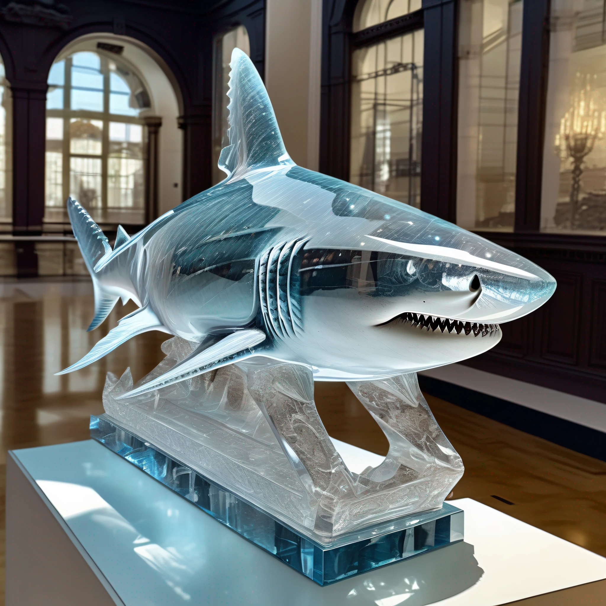 instagram photo, statue of a shark in transparent crystal, wide angle, hyper detailed, crystal eyes, studio photo, made of ornate transparent crystal, on an exhibition altar, museum background