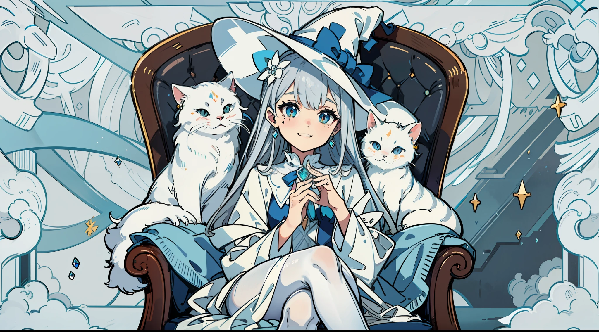 (sitting in a luxurious mahogany chair) (Silver hair) (ice-white eye pupil) (Small li) (white cat's ear on the head) (ice flower in the eye pupil) (tear-mole) (long wand in both hands) (Witch hat) (blue-and-white witch hat) (blue-and-white long dress) (White pantyhose) (No shoes) (White gloves) Finger detail depiction (ice jewel earrings) (tear-mole) (Shy smile) (Blushing),White pantyhose