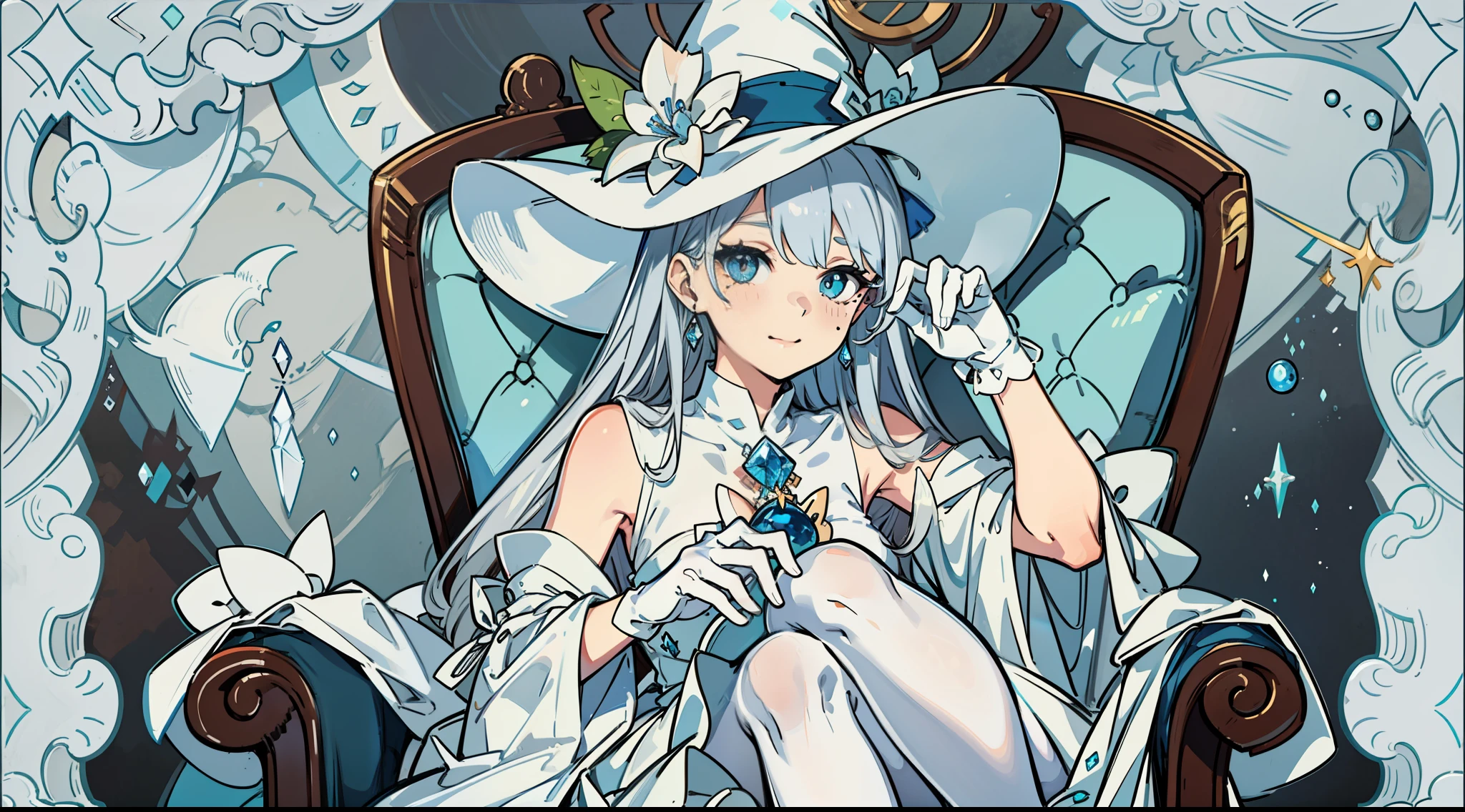 (sitting in a luxurious mahogany chair) (Silver hair) (ice-white eye pupil) (Small li) (white cat's ear on the head) (ice flower in the eye pupil) (tear-mole) (long wand in both hands) (Witch hat) (blue-and-white witch hat) (blue-and-white long dress) (White pantyhose) (No shoes) (White gloves) Finger detail depiction (ice jewel earrings) (tear-mole) (Shy smile) (Blushing),White pantyhose