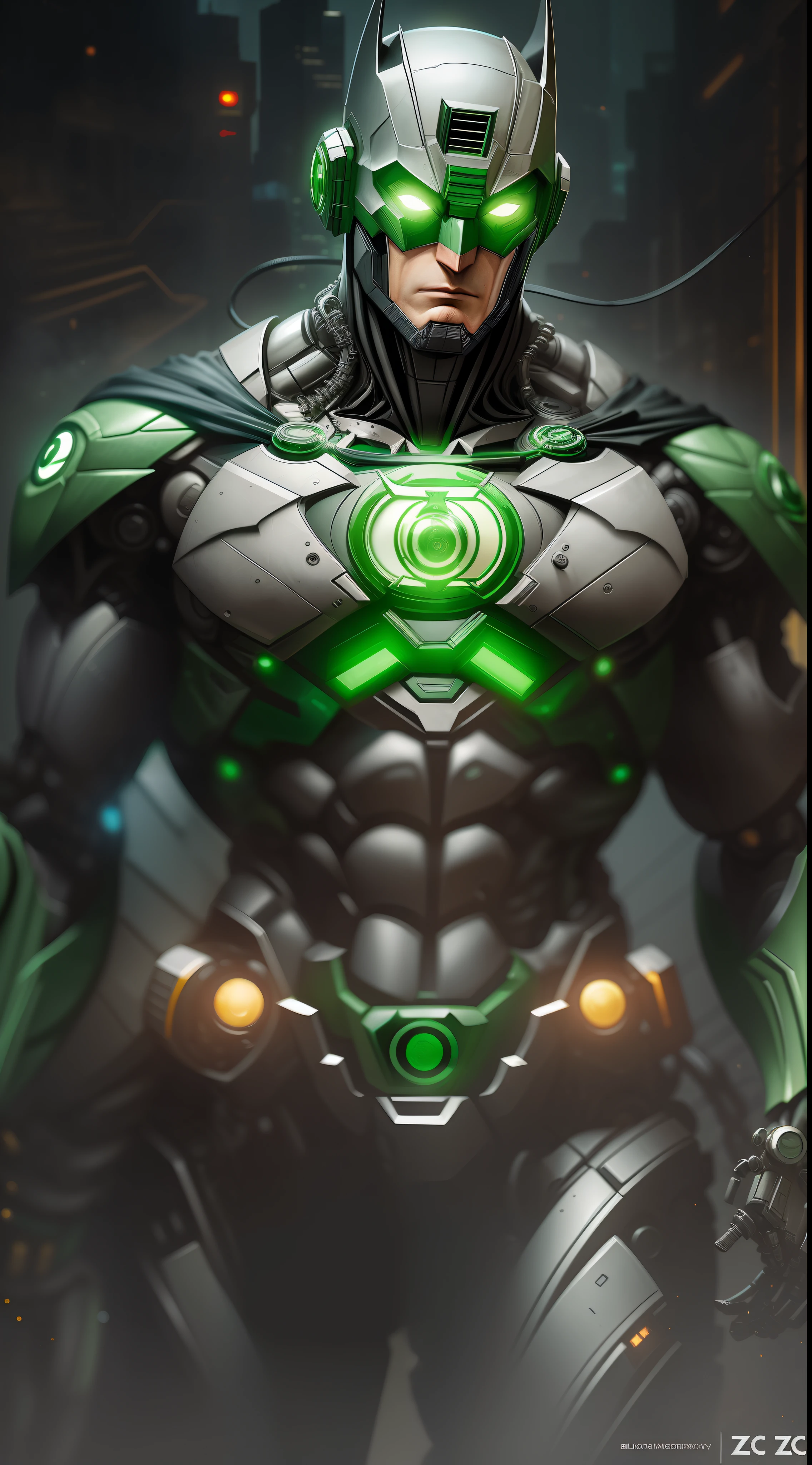 Batman Green Lantern from DC photography, biomechanical, complex robot, full height, hyper-realistic, insane small details, extremely clean lines, cyberpunk aesthetic, a masterpiece featured at Zbrush Central