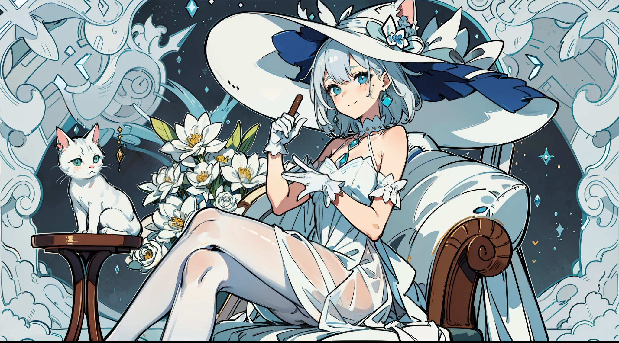 (sitting in a luxurious mahogany chair) (Silver hair) (ice-white eye pupil) (Small loli) (white cat's ear on the head) (ice flower in the eye pupil) (tear-mole) (long wand in both hands) (Witch hat) (blue-and-white witch hat) (blue-and-white long dress) (White pantyhose) (No shoes) (White gloves) Finger detail depiction (ice jewel earrings) (tear-mole) (Shy smile) (Blushing),White pantyhose