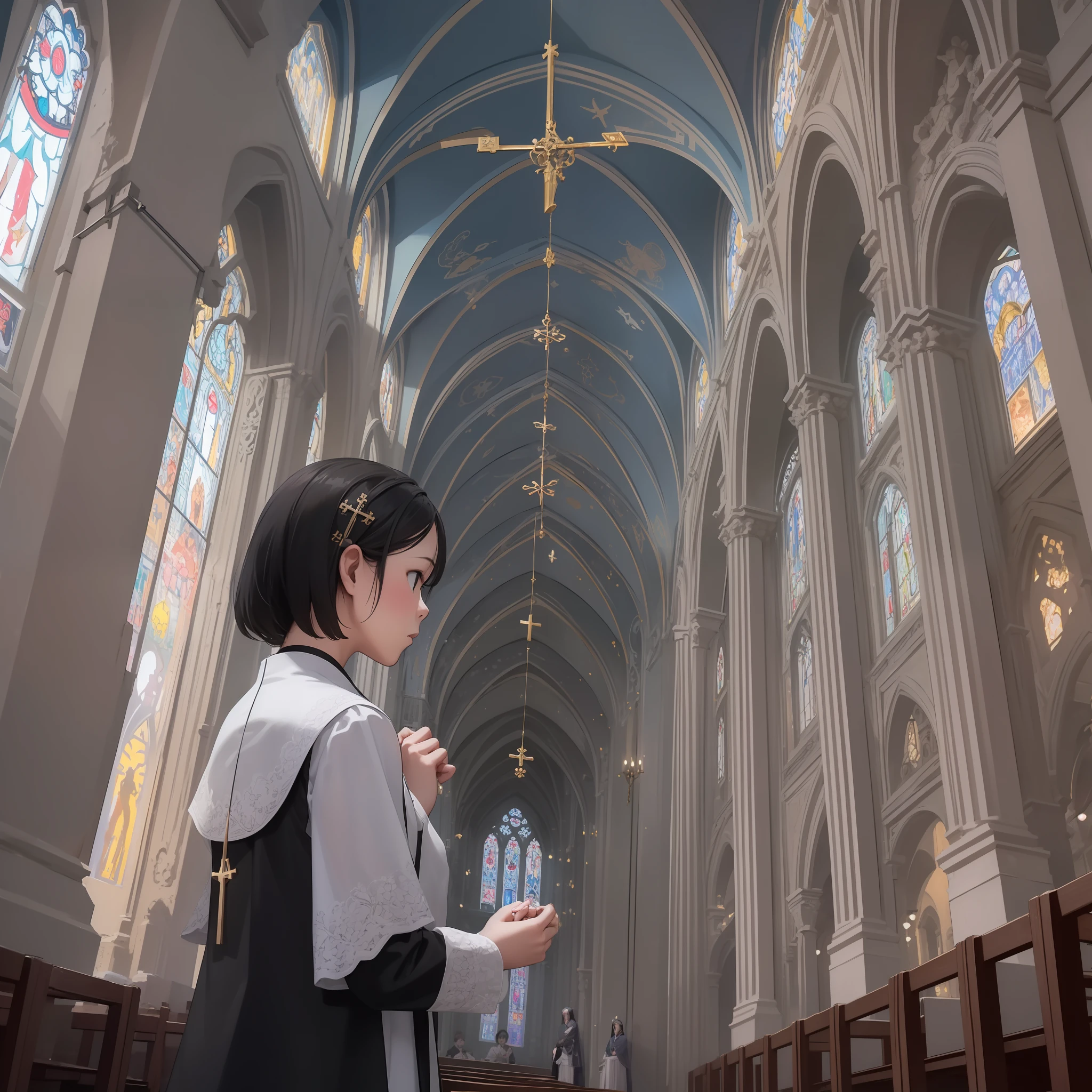 top-quality、Masterpiece、Background with: In beautiful churches and sacred places、Graceful woman is praying。
Camera Angle: Depicts a woman from slightly above、Expresses her mystical atmosphere。
ornament detached: Crosses and accessories with sacred symbols symbolize her holy presence.
