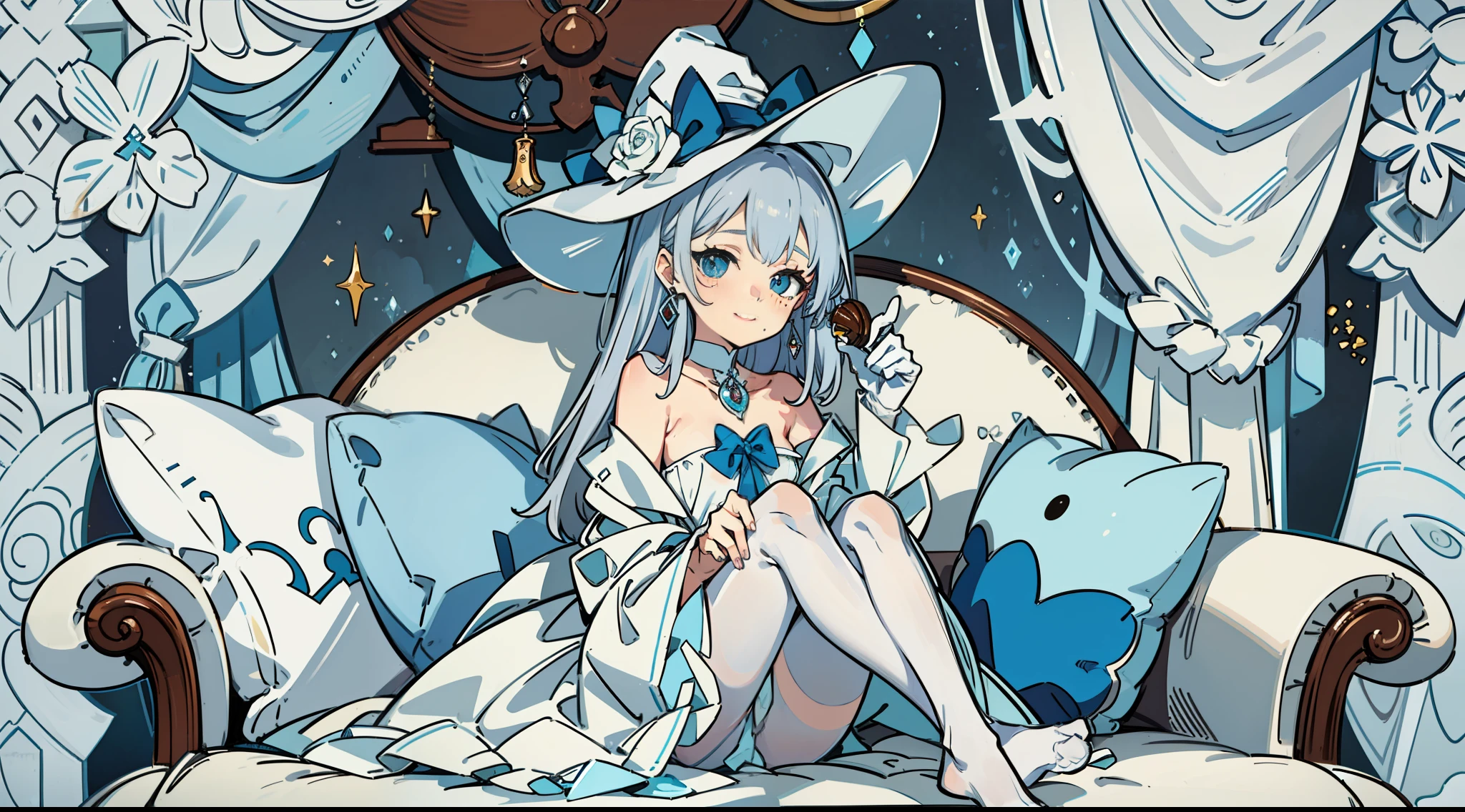 (sitting in a luxurious mahogany chair) (Silver hair) (ice-white eye pupil) (Small loli) (white cat's ear on the head) (ice flower in the eye pupil) (tear-mole) (long wand in both hands) (Witch hat) (blue-and-white witch hat) (blue-and-white long dress) (White pantyhose) (No shoes) (White gloves) Finger detail depiction (ice jewel earrings) (tear-mole) (Shy smile) (Blushing),White pantyhose