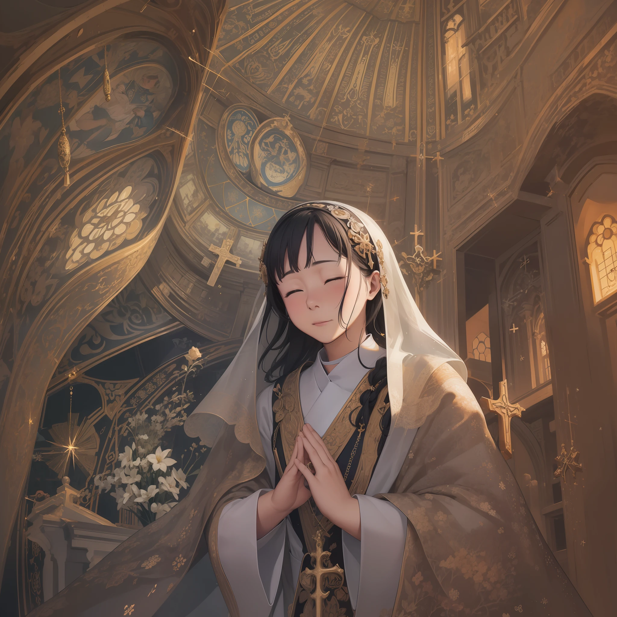 top-quality、Masterpiece、Background with: In beautiful churches and sacred places、Graceful woman is praying。

Camera Angle: Depicts a woman from slightly above、Expresses her mystical atmosphere。

ornament detached: Crosses and accessories with sacred symbols symbolize her holy presence.
