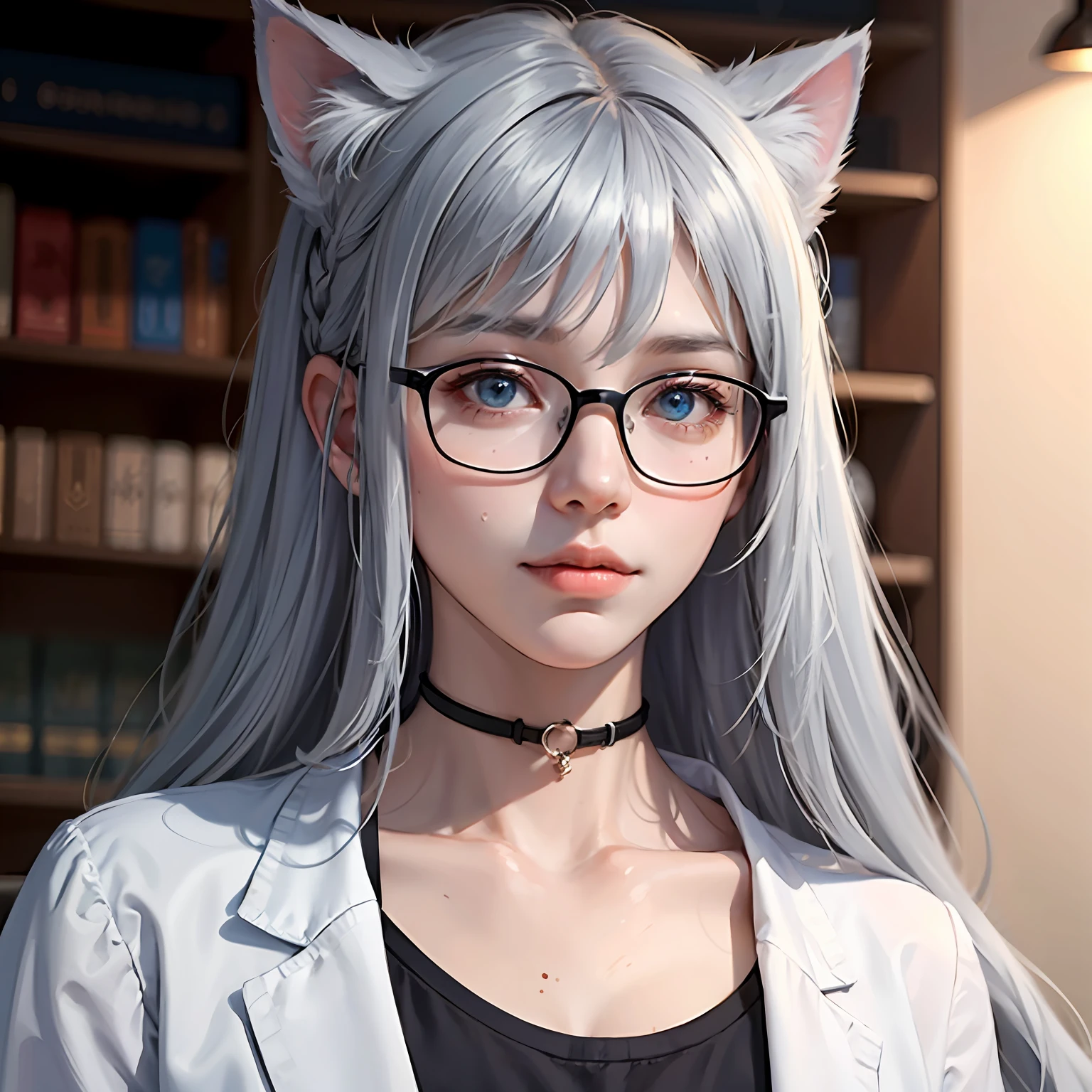 Cute boy,cat ear,wears glasses,Line,Blue-gray hair,Casual style of clothing,cruel --auto