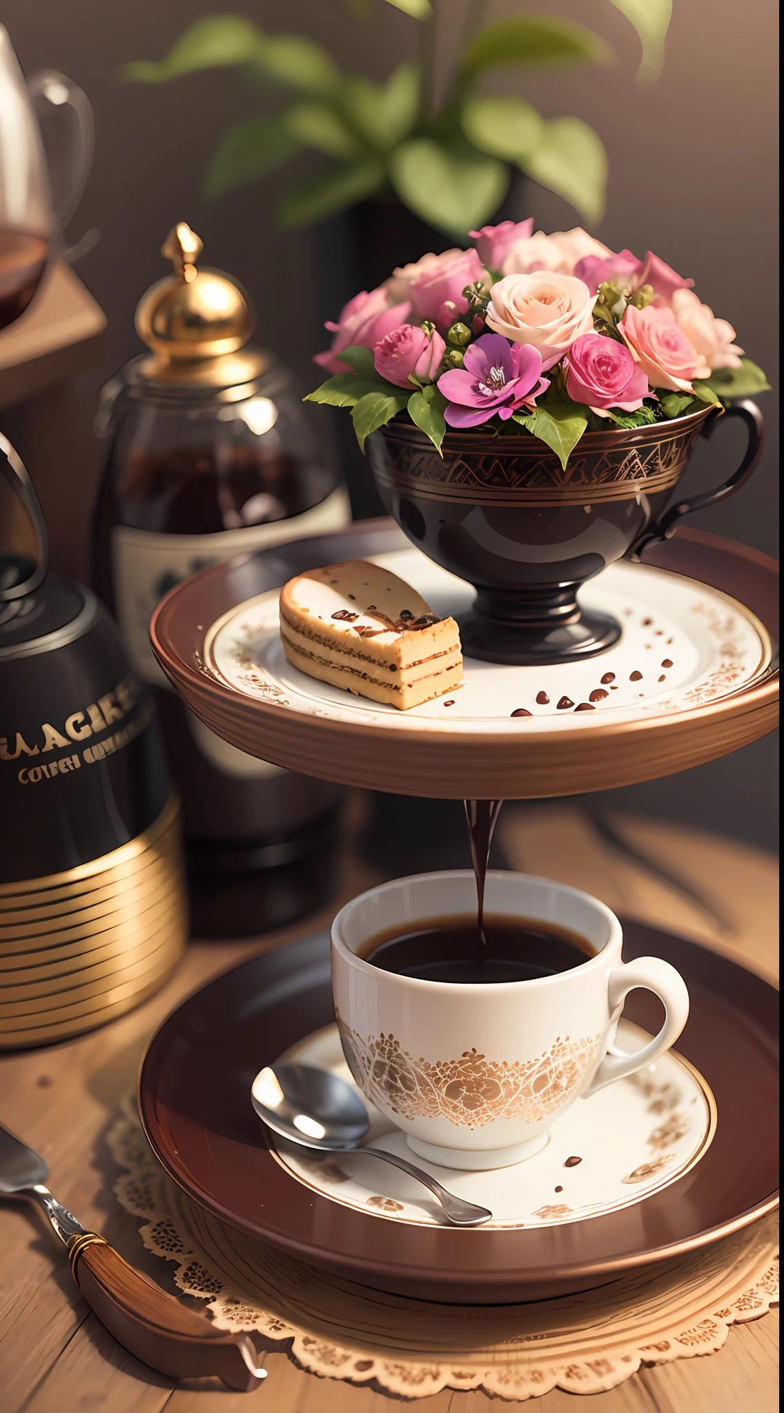 Coffee in a lovely gourmet cup, Good morning, sugar, Coffee BeansPrint Flowers, dessert, lace, crystals, Golden Lines, a pastry --auto --s2